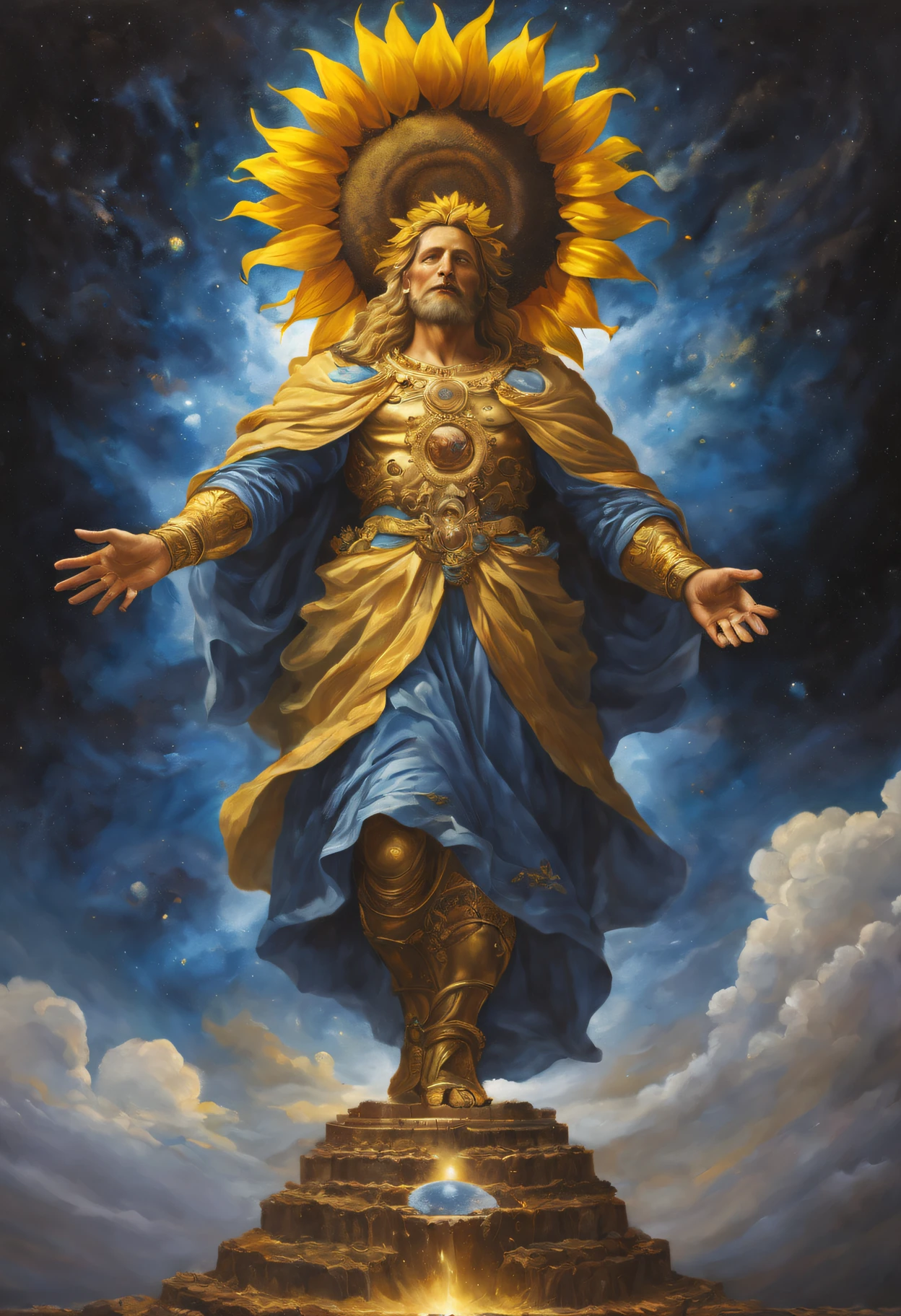 oil painted,sunflower god, the almighty creator of the entire universe, Larger than all galaxies, Ultra-detailed graphic representation of giant energy clouds in the middle of the universe,ultrarealistic oil painting. a masterpiece of art.