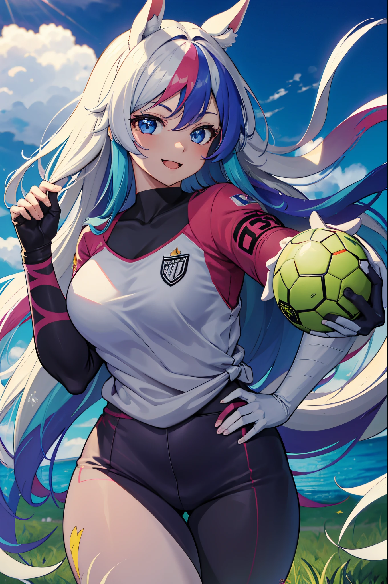 Best Quality, masutepiece, High resolution, (Anime Heroine Illustration),,solo,girl with horse ears,smiling,back turned to the viewer,big muscle butt,Slacks,sporty clothing,soccer field,diamond,multicolored hair,multicolored eyes,muscular female,mature female