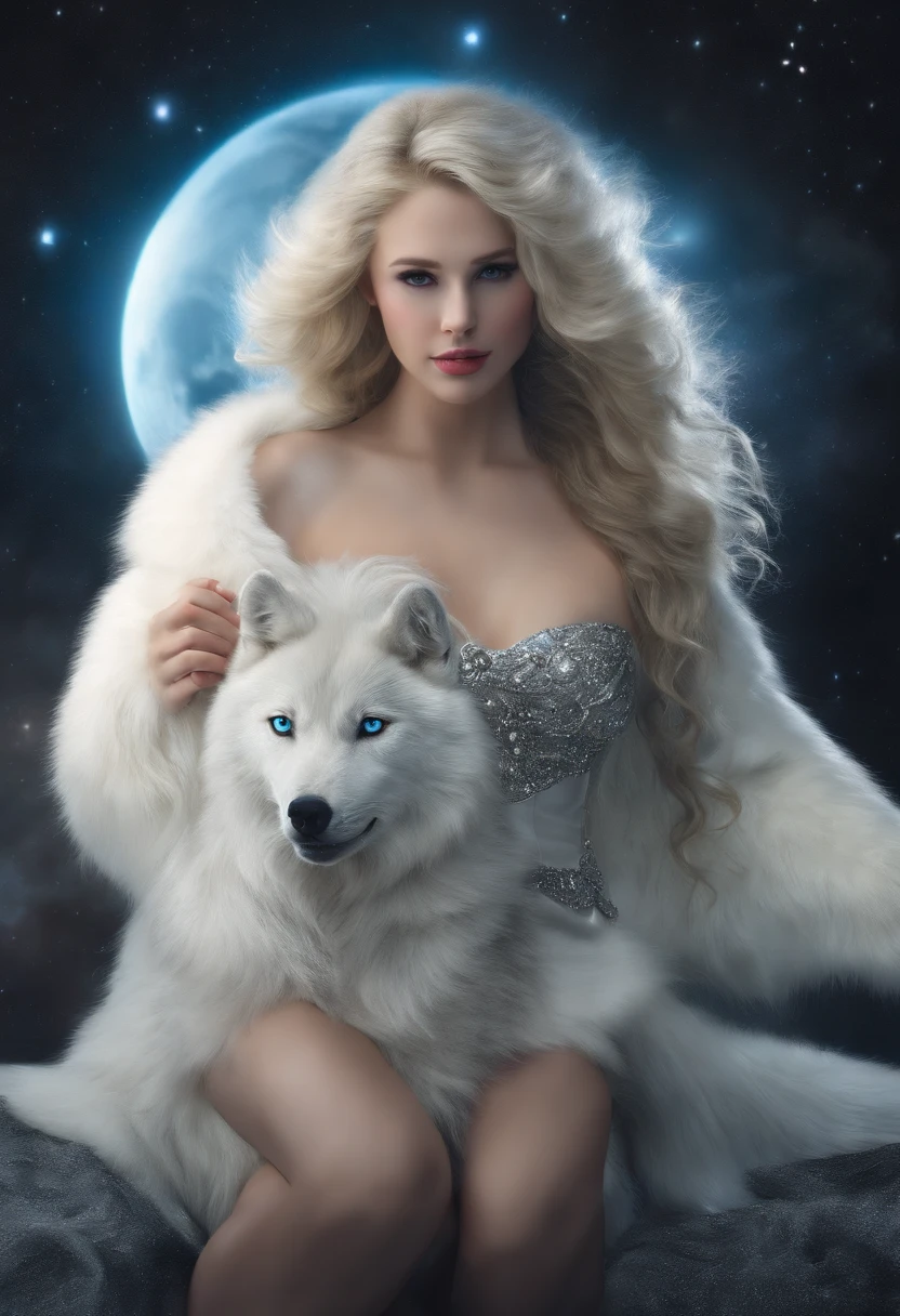 ((full-length photo)),((White wolf and girl)), (huge wolf), (huge white wolf guards a beautiful girl), movement, running forward, bending forward, blue eyes, white wolf fur glows silver sparkles, (very young girl NSFW), (girl 16 years old) lips parted, blue eyes, blonde girl, very long curly hair, transparent dress, transparent air dress, silver trim, silver collar, silver belt, silver sandals, background Orion nebula, starry sky background, two moons, Orion nebula, stand on the star path.(masterpiece: 1.5) (photorealistic: 1.1) (bokeh) (best quality) (Detailed skin texture, pores, hair: 1.1) (intricate) ( 8K) (HDR) (wallpaper) (cinematic lighting) (sharp focus)