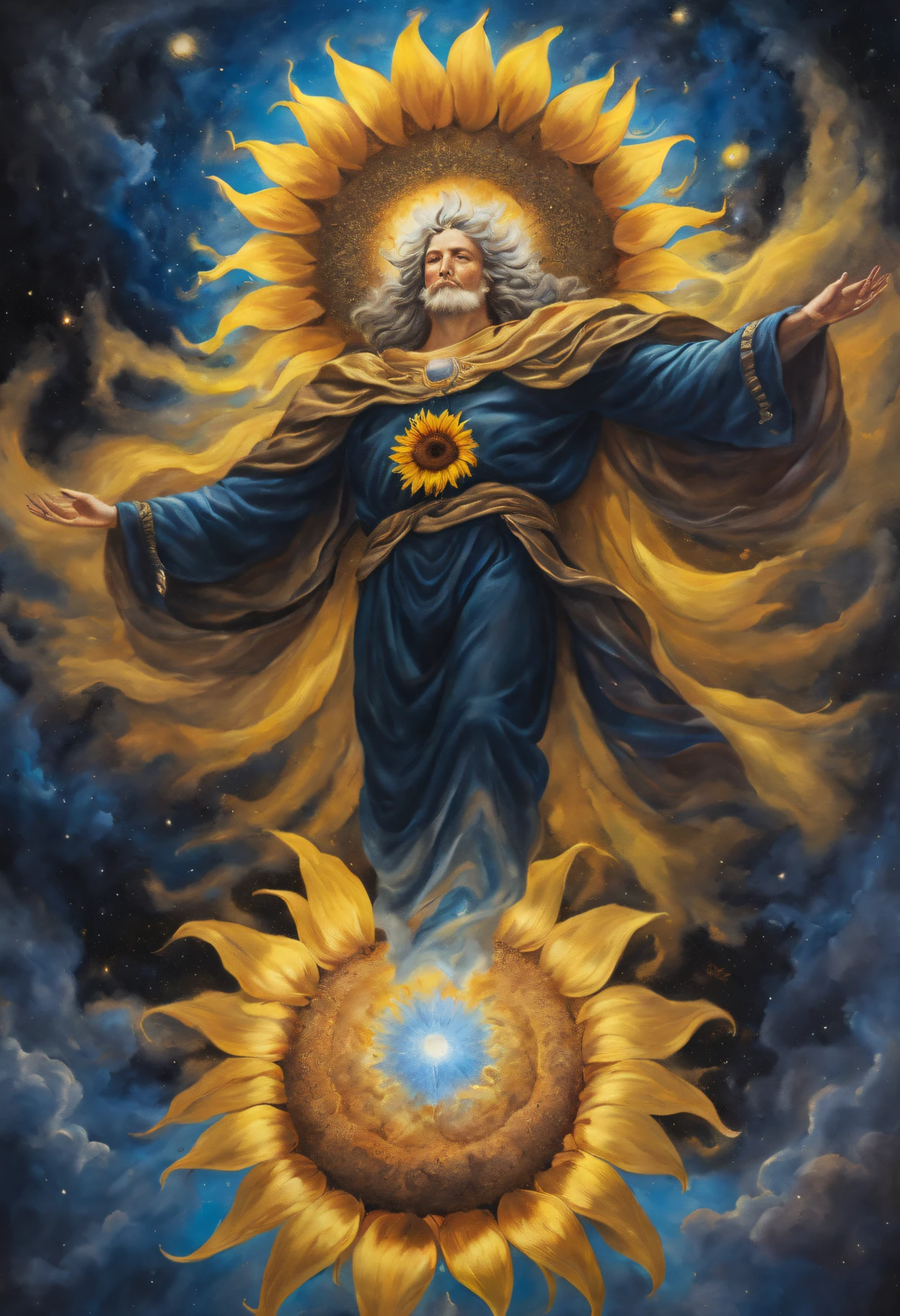 oil painted,sunflower god, the almighty creator of the entire universe, Larger than all galaxies, Ultra-detailed graphic representation of giant energy clouds in the middle of the universe,ultrarealistic oil painting. a masterpiece of art.