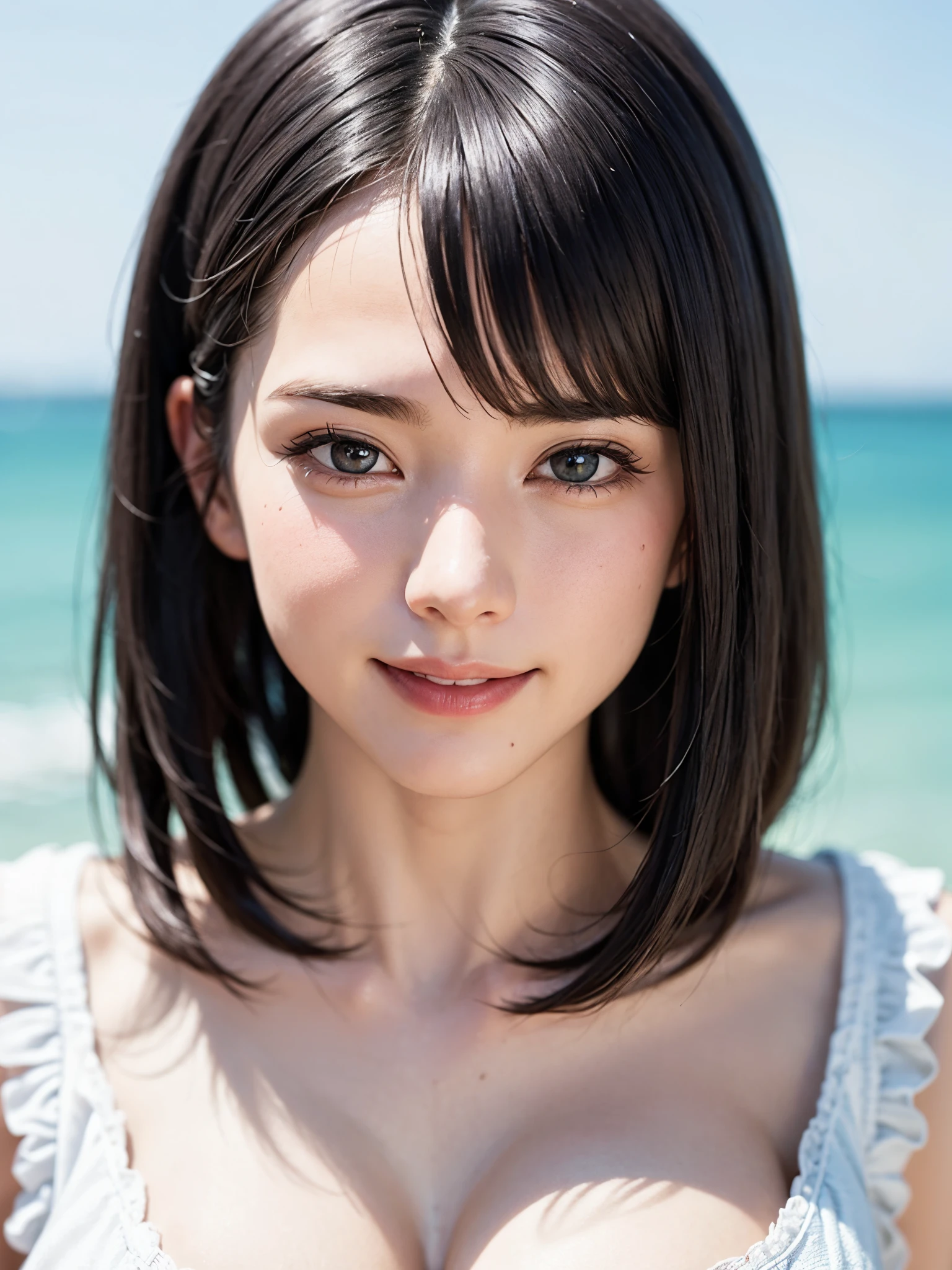 女の子1人、top-quality、realisitic、report、depth of fields、natural soft light、during daytime、魅惑的、beauitful face、Cleanliness、Pure face、de pele branca、cute hawk hair、bangss、the beach、rays of sunshine、Nedium Breast Body Esbian、((Beautiful face with sweater golden ratio Beautiful face with symmetry))、long neck、Put your ears out、bangssのあるきれいな短いボブヘア、Smile with your mouth closed:1.4、Smile with your mouth closed:1.4、perfect hand指、perfect hand、Perfect body、face perfect、Shine a light into the eyes、Perfect Anatomy:1.4、very cute super model:1.4