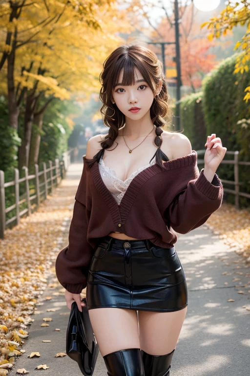 8K分辨率, Ultra-high-definition CG images, Autumn leaves at night🍁, Moonlight, Long Focus, 1girl in, 20yr old, detailed beautiful faceangs braid, bronze:1.4), (stop hair:1.4), (Autumn coordination), a pink miniskirt, long boots, variation color, Pointed chest, Beautiful chest line, Pendants, Detailed beautiful eyes, bright red autumn leaves, Maple tunnel, depth of fields, absurderes, 24K Graphic Arts, Carefully drawn background, Composition with depth,
