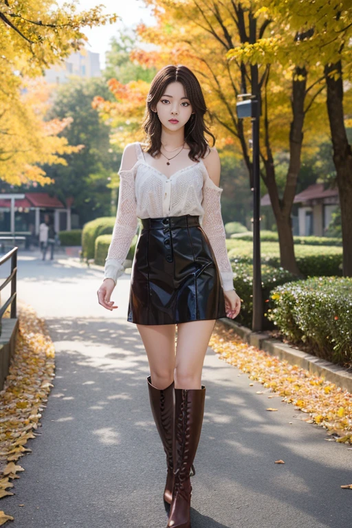 8K分辨率, Ultra-high-definition CG images, Autumn leaves at night🍁, Moonlight, Long Focus, 1girl in, 20yr old, detailed beautiful faceangs braid, bronze:1.4), (stop hair:1.4), (Autumn coordination), a pink miniskirt, long boots, variation color, Pointed chest, Beautiful chest line, Pendants, Detailed beautiful eyes, bright red autumn leaves, Maple tunnel, depth of fields, absurderes, 24K Graphic Arts, Carefully drawn background, Composition with depth,
