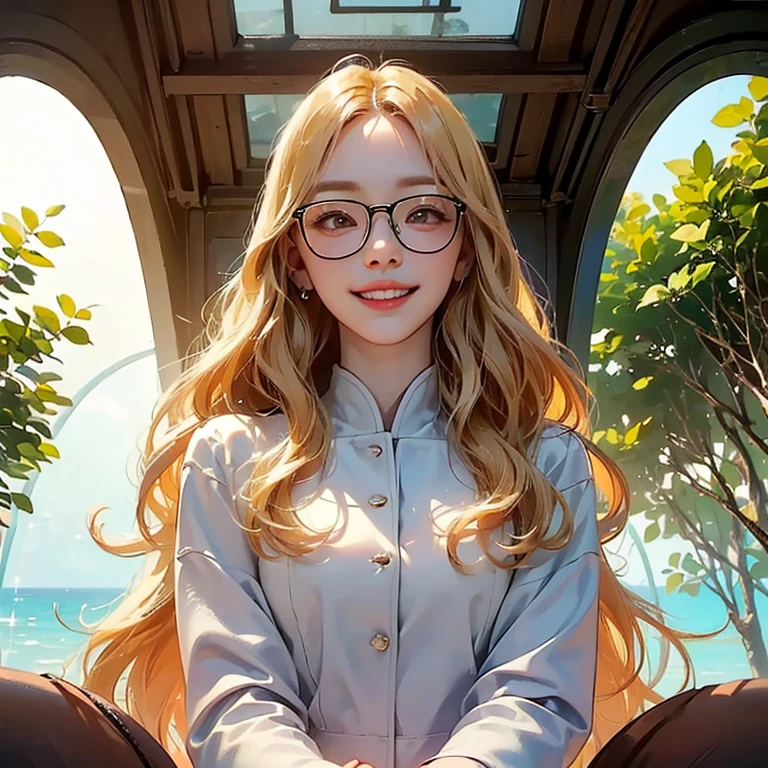 ( Masterpiece, best quality , shot from below , 75mm lens, fisheye:1.2 ), ((pov from below:1.4)), (( beautiful, luxurious, greenhouse dome:1.5, glass panels, plants of colours, vibrant , extreme high detailed, intricate details )). ( 1woman_/(kimtaeyeon/), narrow face, strong jaw, [plump cheeks], transparent glasses, dark hair with blonde highlights, loving smile, beautiful eyes, caring smile, wearing beach summer ootd ), ( cinematic lighting, backlit, soft light)