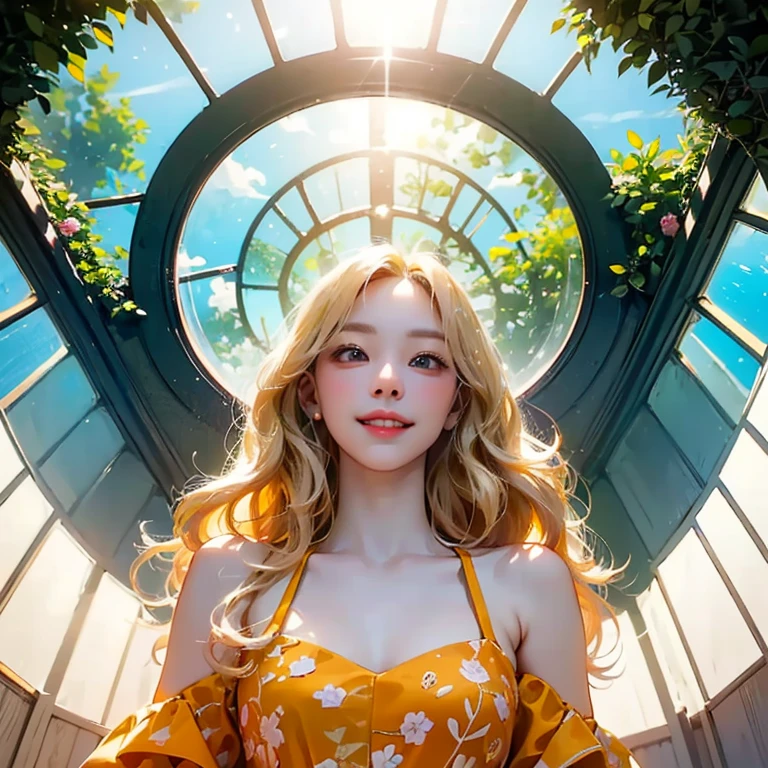 ( Masterpiece, best quality , shot from below , 75mm lens, fisheye:1.2 ), ((pov from below:1.4)), (( beautiful, luxurious, greenhouse dome:1.5, glass panels, plants of colours, vibrant , extreme high detailed, intricate details )). ( 1woman_/(kimtaeyeon/), narrow face, strong jaw, [plump cheeks], transparent glasses, dark hair with blonde highlights, loving smile, beautiful eyes, caring smile, wearing beach summer ootd ), ( cinematic lighting, backlit, soft light)