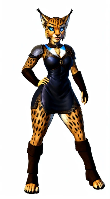 (Kajiit:1)(Assassin:1), (adult woman:1.33), standing, full body, leather boots, dark pants, dark gloves, dark uniform, medieval knight armor, single character concept art ((solo)), RPG fantasy medieval illustration, ((lower body revealed from thighs to feet)), ((legs revealed from thighs to feet)), ((no background_with a pure white background)), ((simple background)), a seductive fitness woman, charming perfect sexy figure, sexy seductive, ideal body shapes, body glare, big thighs, beautiful cute face, pretty detail eyes, blue colored eyes, beautiful detailed lips, extremely detailed eyes and face, fighting facial expression, khajiit girl beautiful, anthropomorphic lynx girl, lynx ears, spotted white-like skin color, skin color-dark