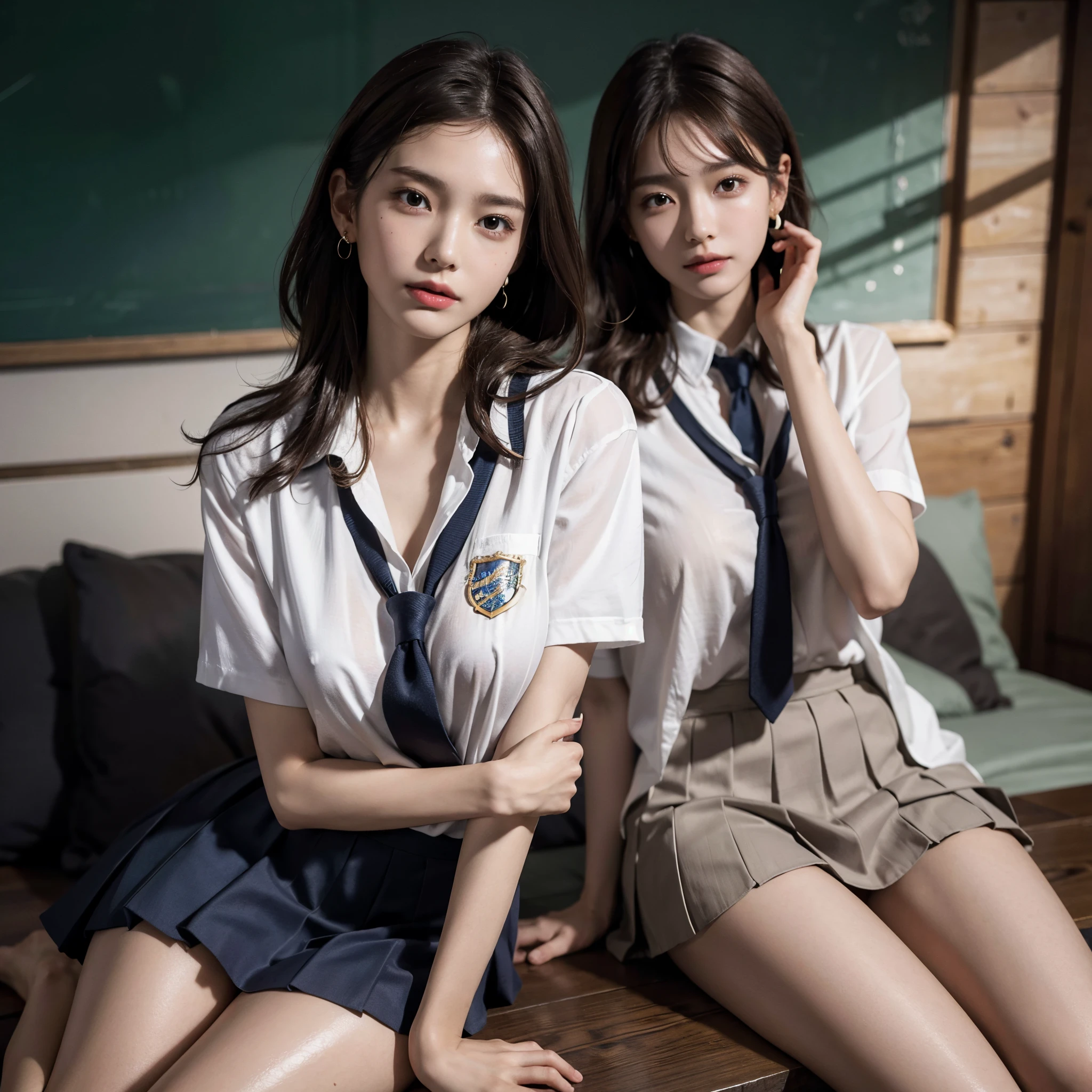 absurdres, RAW photo, extremely delicate and beautiful, masterpiece, Best Quality, ultra high resolution, 16k, hyperrealistic, ultra-detailed, perfect anatomy, super Detailed skin, perfect figure, Very detailed CG 8k wallpaper, in her 20s, very Slim body, narrow waist, very small head, very small face, delicate facial features, tearful mole, earring, thin legs, (very huge round breasts), 1 girls, full body shot, bare legs, short hair, wavy hair, light brown hair, wet, ((school uniform)), blazer, skirt,