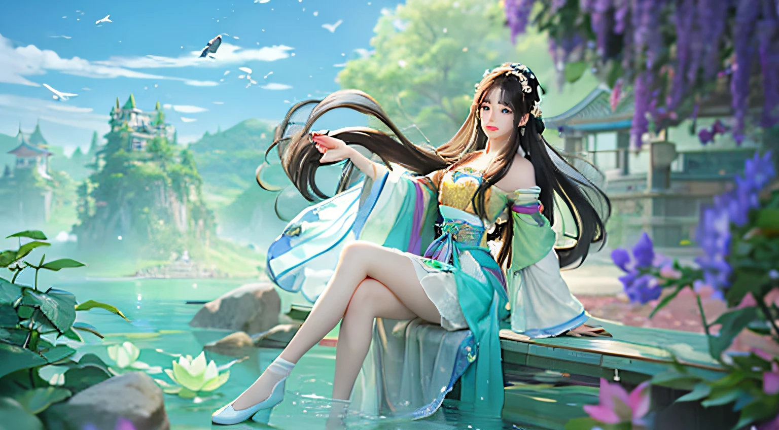 super high precision，High quality illustrationtiz，Anime girl sitting on bench by the lake，Green and blue splashes on the lake, author：heroes, G Liulian art style, Beautiful ancient buildings ，with blue sky and white clouds，Lotus lotus leaf background with yellow tree，Ancient maiden，Three Kingdoms Killing Style， Belle peinture de personnage, 宮 ， A girl in Hanfu, A beautiful artistic illustration, Inspired by Lan Ying, Artgerm and Atey Ghailan, Queen of the Sea Mu Yanling，High-precision pictures，Wisteria flower clothes，correct hand，Intense light and shadow，plethora of colors，Wearing a translucent gauze skirt，There are several birds flying around