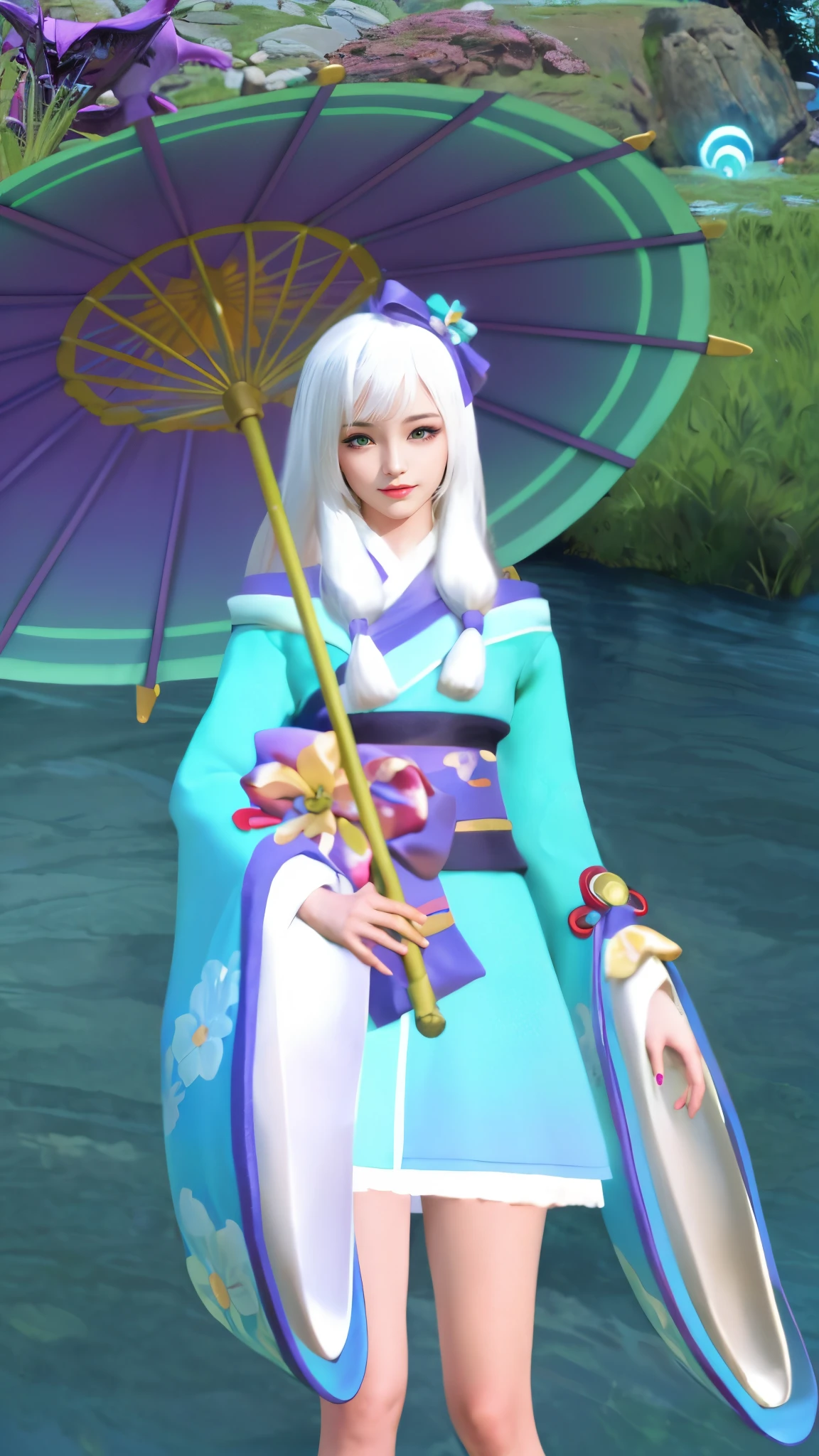 Masterpiece, best picture quality, high quality, beautiful woman, Japanese, popular Korean makeup, detailed, swollen eyes, detailed eyes, detailed skin, beautiful skin, ultra high resolution, (reality: 1.4),very beautiful, slightly younger face, beautiful skin, slender, (ultra realistic), (illustration), (high resolution), (8K), (very detailed) (best illustration), (beautifully detailed eyes), (super detailed), (wallpaper), (detailed face), looking at viewer, fine details, detailed face, pureerosfaceace_v1, smiling, looking straight ahead, looking straight ahead, angle from waist up, realistic photo, bright lighting, professional lighting, black hair (some of hair part green), long hair, dark ruins, big red moon, gorgeous red and black dress, mature woman, long stylish bangs,