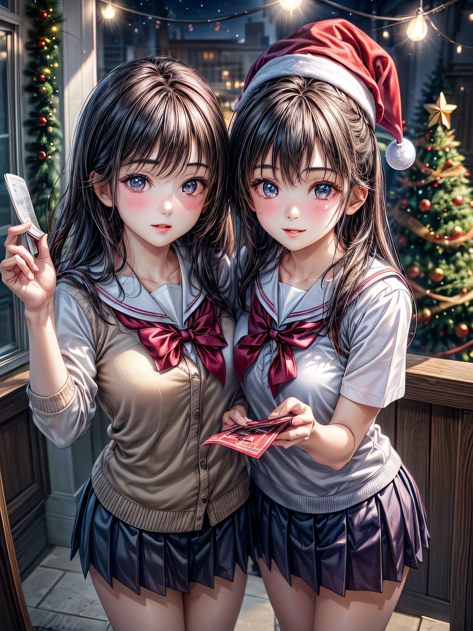 (2girls:1.4), Extremely cute, amazing face and eyes beautiful nice smile), (extremely detailed beautiful face), bright and shiny lips, (School uniform, Pleated skirt:1.3), (Best Quality:1.4), (hyper quality), (Ultra-detailed), (Hyper-realistic, Photorealsitic:1.37), Authentic skin texture, intricate-detail, extremely detailed CG unified 8k wallpaper, RAW Photos, professional photograpy, Cinematic lighting, Exposing, Christmas tree, Christmas Ornaments, Christmas Decorations, Christmas Lights, Christmas Lights,