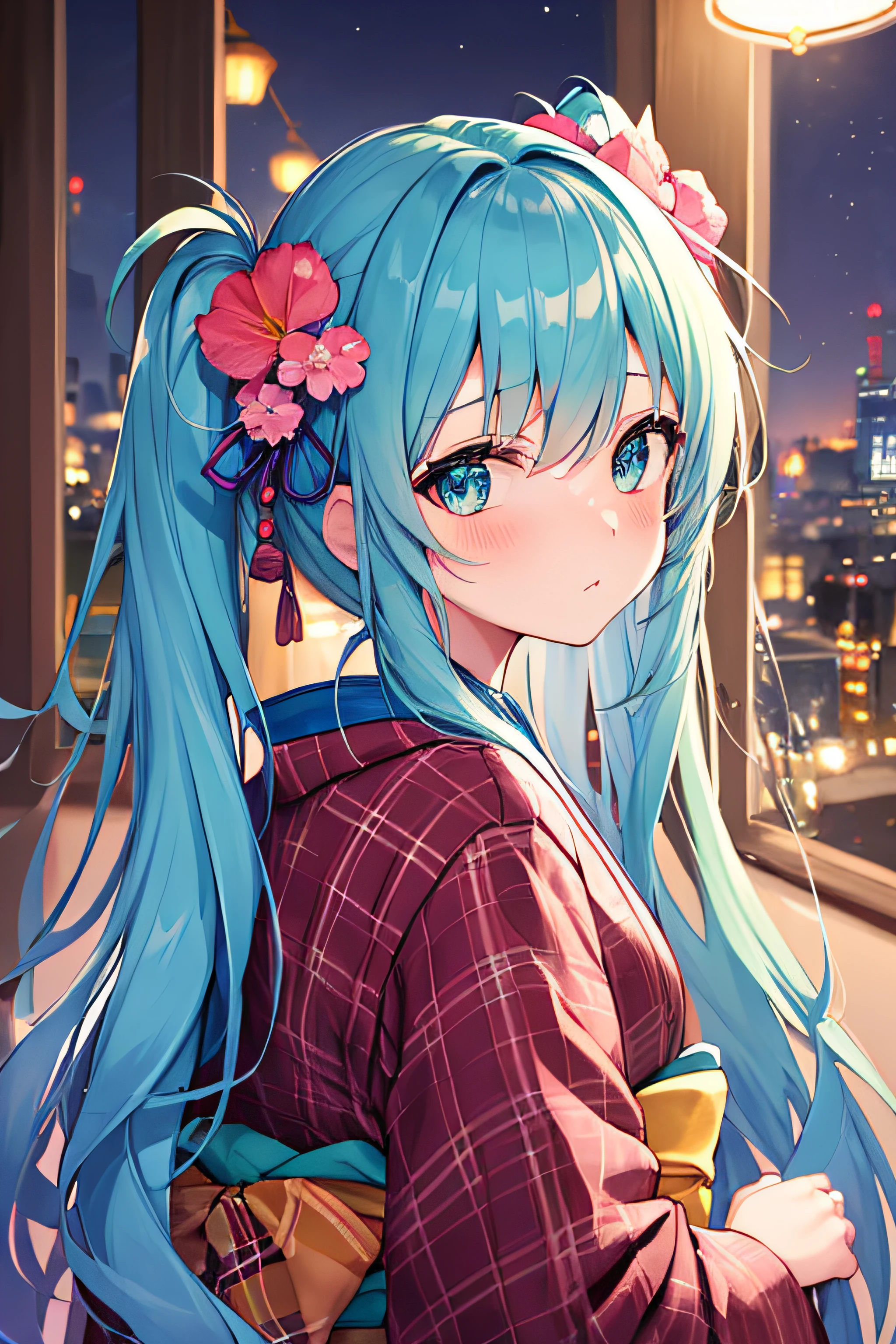 ​masterpiece、Top image quality、超A high resolution、miku hatsune、blue hairs、Twin-tailed、Blushing、Cute and shy、Kimono、kyoto、Japan、Night