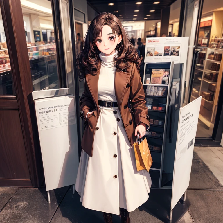 1girl in, Solo, Full body, shopping mall、vermilion hair, Curly hair, Medium Hair, button down, ((Brown long coat)), ((White turtleneck)), ((Black skirt)), tight skirts、long boots、Smile, Standing, a closeup、Highest quality image quality、8K、An ultra-high picture quality