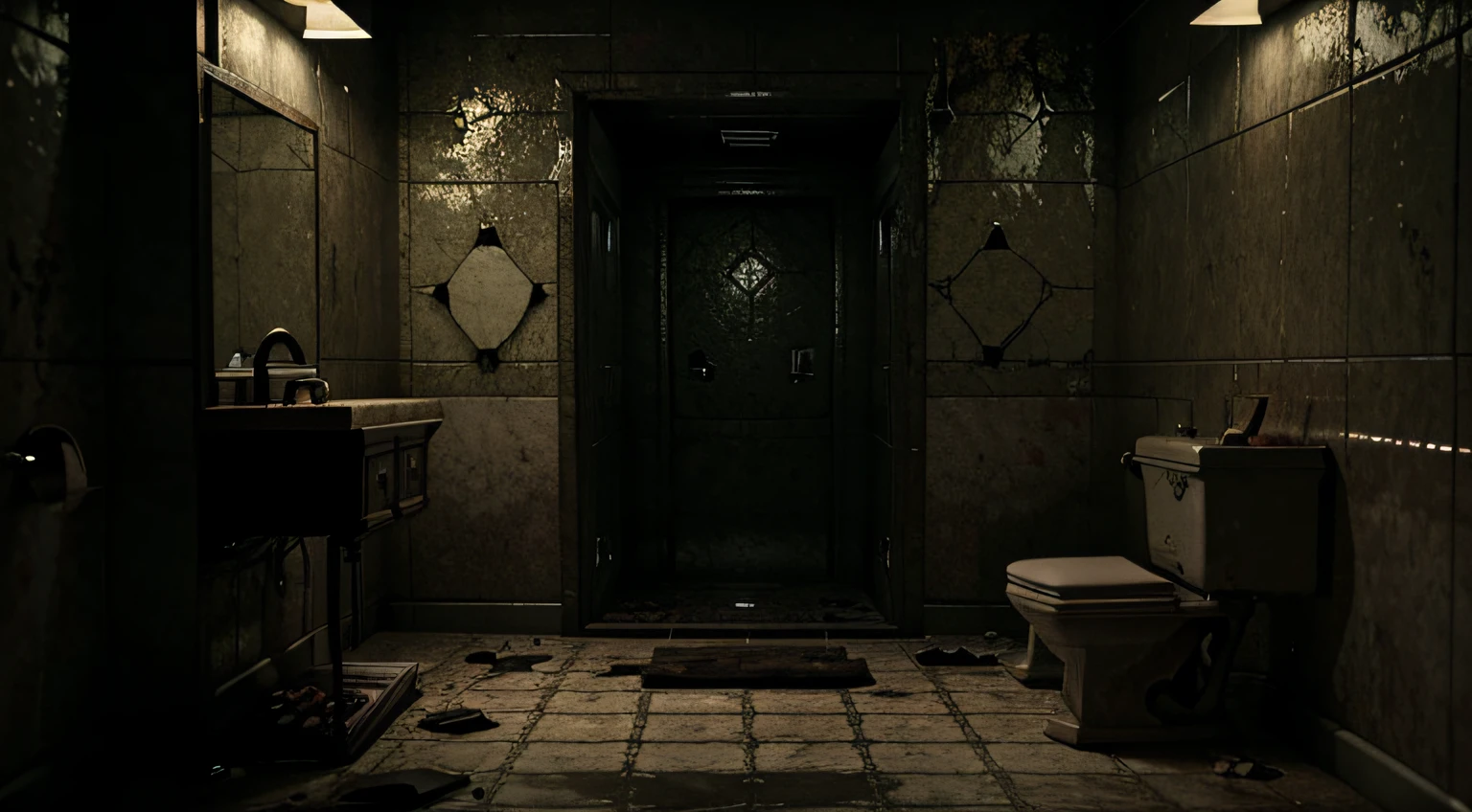 antigo banheiro estilo resident evil e sozinho no escuro, com chuveiro, top camera framing the diagonal, atmosfera de terror e suspense, Post-apocalyptic scenario, Realistic, altamente detalhado. destroyed scenery. Tempo escuro e sombrio. Pre-rendered game scenario.
Chuveiro quebrado, you may have dirty water on the floor. vaso quebrado, Bottles on the floor.