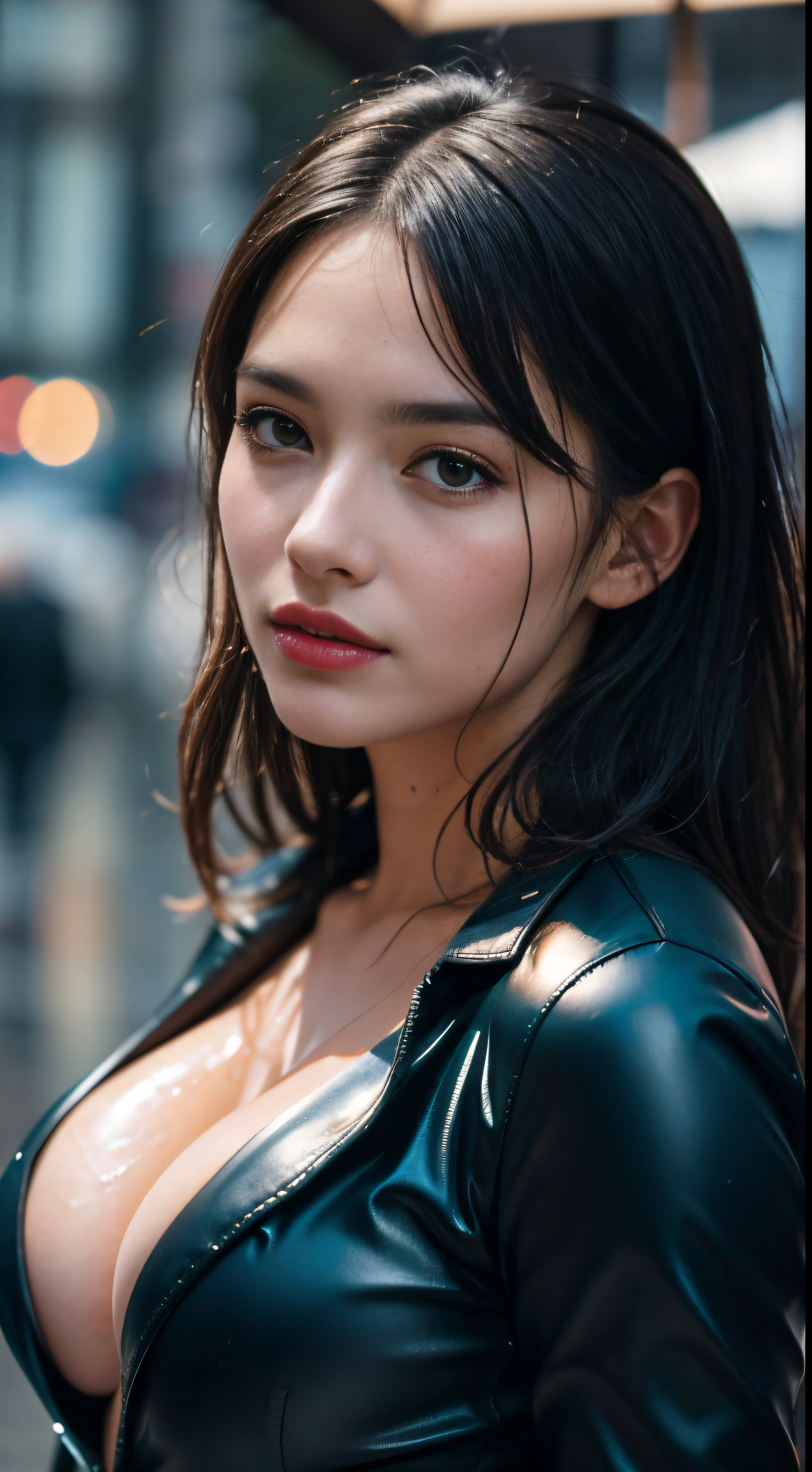 masterpiece, Beautiful European Women, wet clothes, open suit jacket, deep cleavage, Firm breasts, Standing in the rain, Wet skin, City streets,HD, (detailed skin texture:1.1), bestquality, ultra-high resolution, (photorealistic portrait: 1.4), RAW photo, by Ellen von Unwerth, Nikon D850 Film Stock Photography, F1.6 lens, rich colors, Realistic, cinestill 800, Backlight, rim lights, sunlight, close up shot