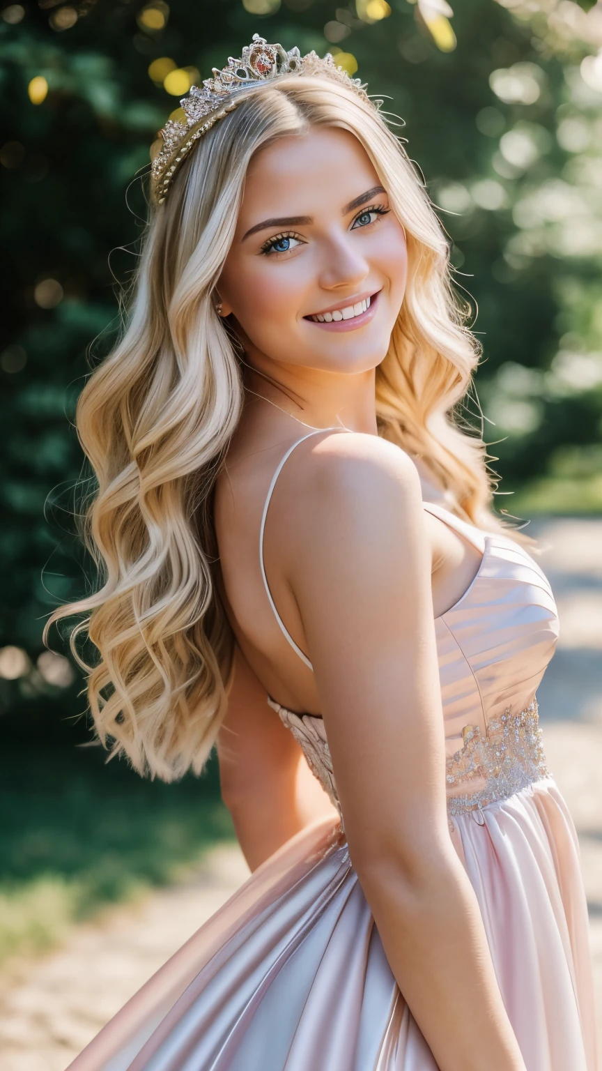 Hyper realistic and detailed full body photo of greek smiling blonde beautiful woman looks directly at the camera wearing a Princess dress. dreamland. sun is shining. Perfect butt. Sharp light. perfect eyes, (Eye makeup:1.1), (highly detailed skin:1.1), RAW, analog style, sharp focus, 8k UHD, DSLR, high quality, Fujifilm XT3, grain, award winning, masterpiece.