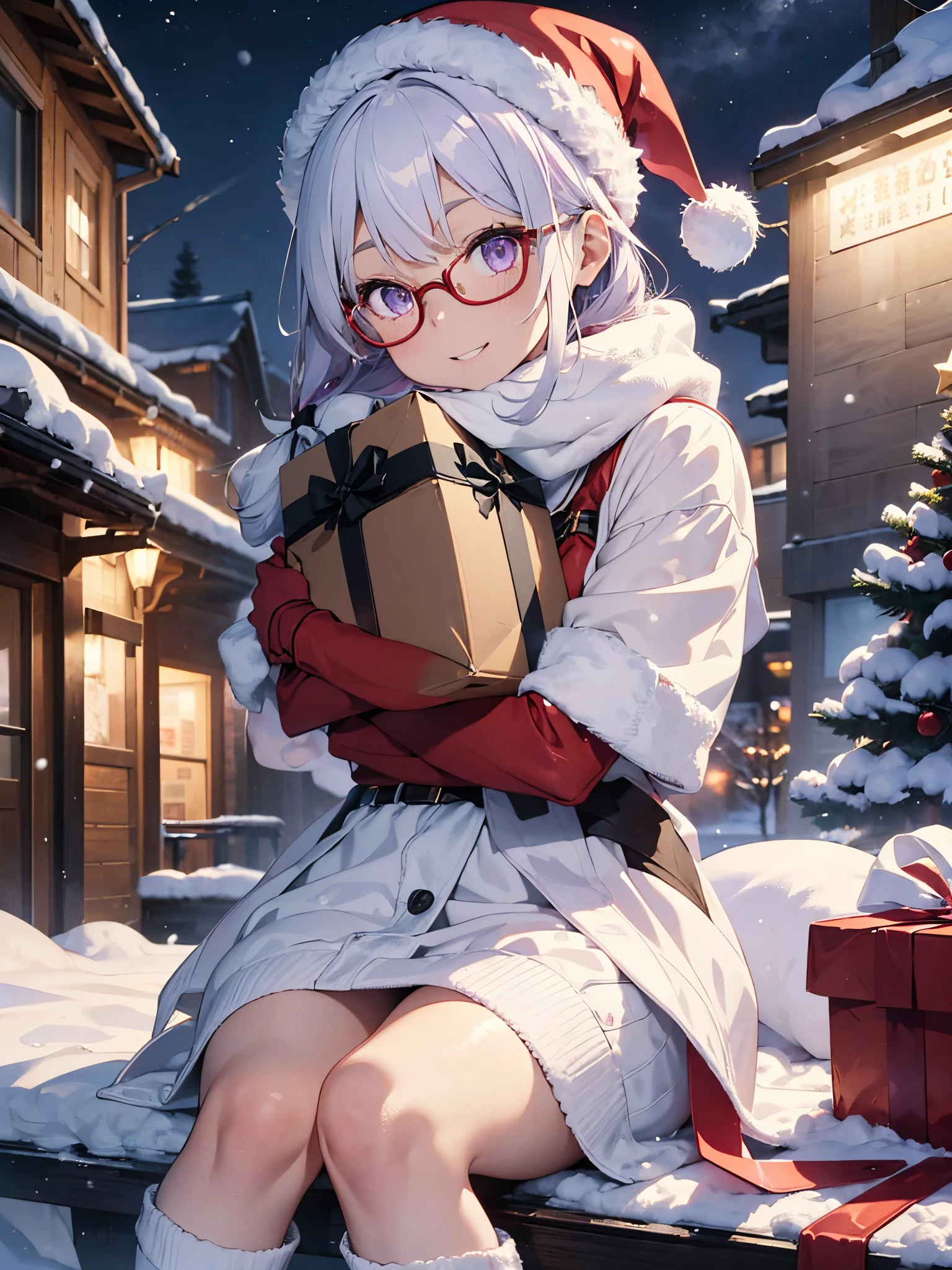Young 19 years old,girl, teacher,santa 、 White hair、lilac hair eyes、Long sideburns,Shoulder length,black eyeig black frame glasses, Cheerful expression,Vibrant, highly saturated hues,Wearing soft and thick white winter clothes, overknee boots with fur, red fur hat, Fir scarf, red fur gloves, sitting on a bed, Night view from the window, There is snow on the building outside, Winters、(((Hug a box with a ribbon wrapped around it)))、Christmas present