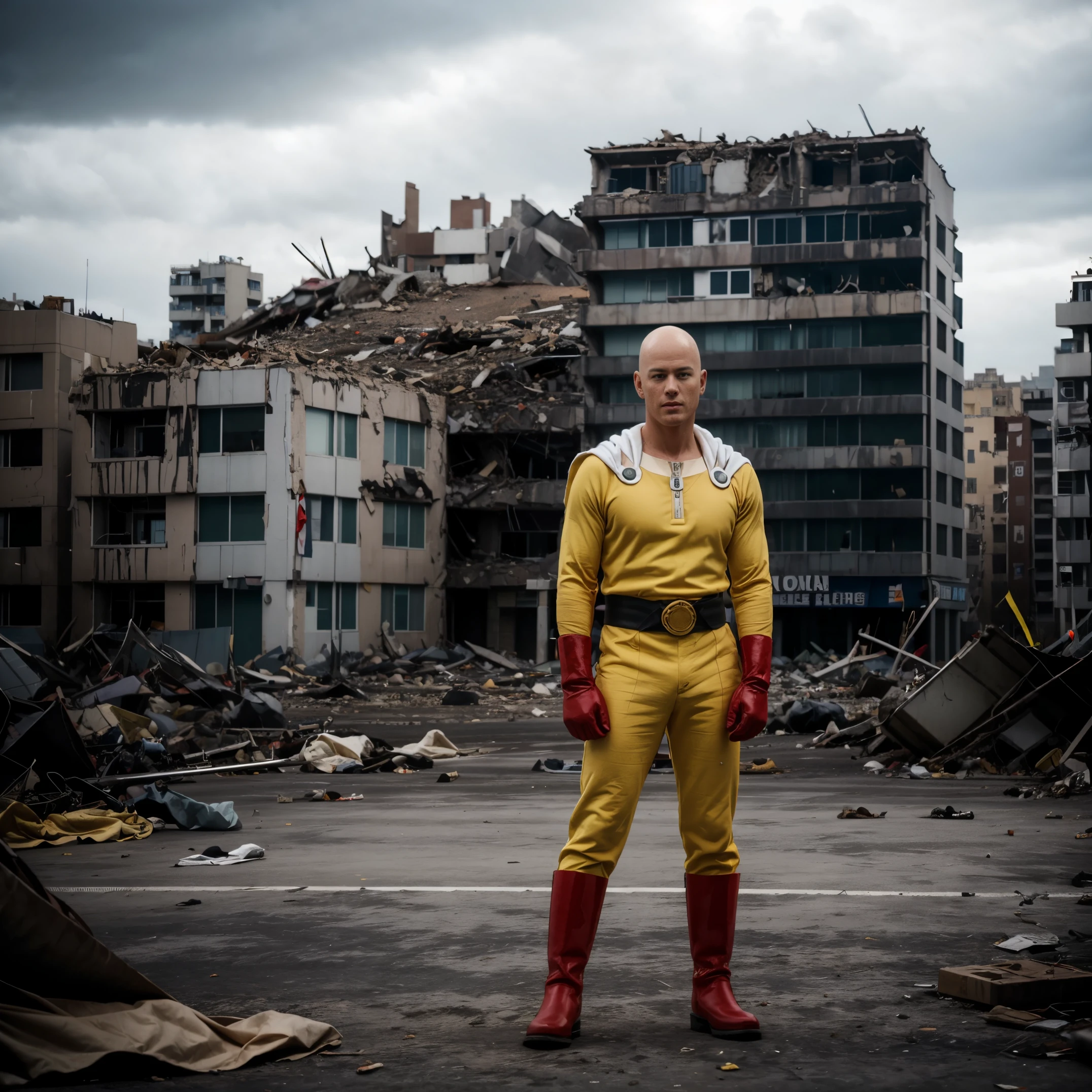 masterpiece, best quality, 1boy, (saitama), bald head, black eyes, red gloves and red boots, yellow clothes and white cape, standing on destroyed City, angry face, completely mad, fighting position, posting to giving punch, sunny day, destroyed City, horrible condition, detailed face, evil smile, aura power, night, natural light, standing, male focus, strong muscles, movie composition, deth of field, bokeh, (futuristic), (full body),