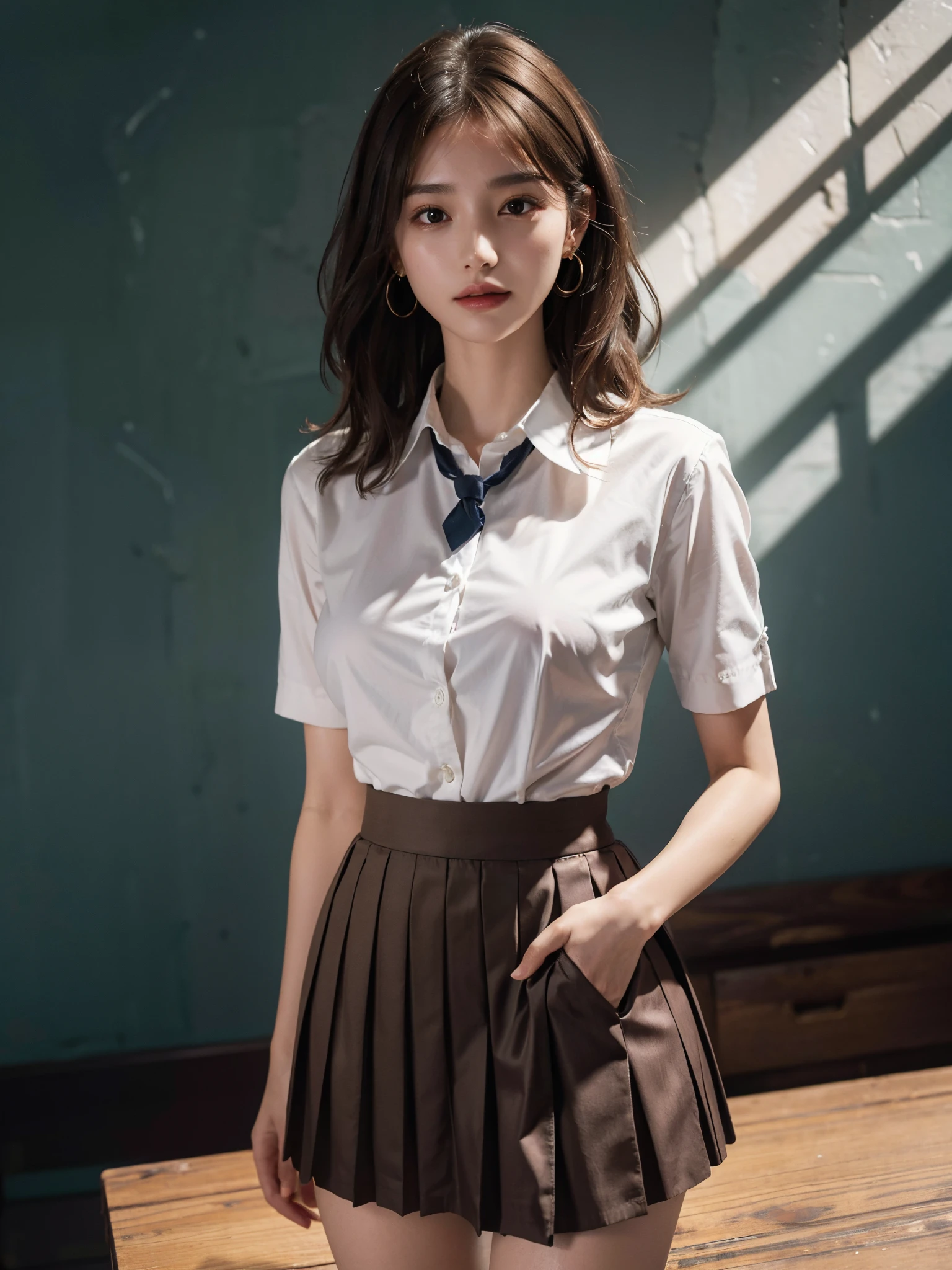 absurdres, RAW photo, extremely delicate and beautiful, masterpiece, Best Quality, ultra high resolution, 16k, hyperrealistic, ultra-detailed, perfect anatomy, super Detailed skin, perfect figure, Very detailed CG 8k wallpaper, in her 20s, very Slim body, narrow waist, very small head, very small face, delicate facial features, tearful mole, earring, thin legs, (very huge round breasts), 1 girls, full body shot, bare legs, short hair, wavy hair, light brown hair, wet, ((school uniform)), blazer, skirt,
