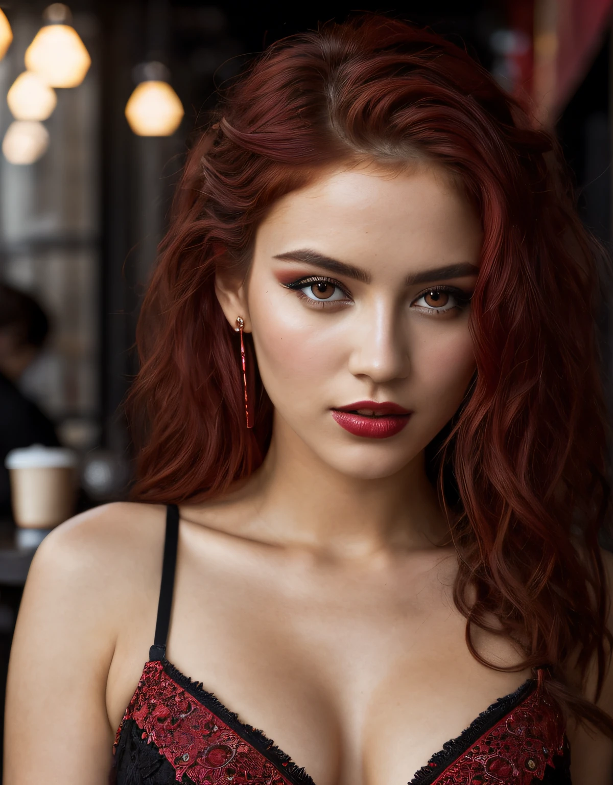 beautiful girl, full body portrait, short bright red disheveled hair, black eyeshadow, (street style wear:1.2), (coffee Shop background:1.2), dark makeup, digital art, trending on artstation, highly detailed, fine detail, intricate,  beautiful detailed glow, detailed, Cinematic light, highres, detailed facial features,sharp focus, smooth, aesthetic, enjoying a morning coffee