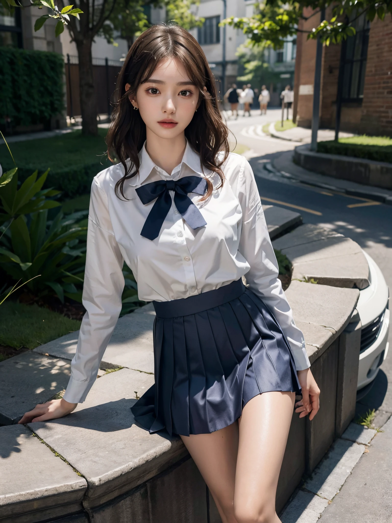 absurdres, RAW photo, extremely delicate and beautiful, masterpiece, Best Quality, ultra high resolution, 16k, hyperrealistic, ultra-detailed, perfect anatomy, super Detailed skin, perfect figure, Very detailed CG 8k wallpaper, in her 20s, very Slim body, narrow waist, very small head, very small face, delicate facial features, tearful mole, earring, thin legs, (very huge round breasts), 1 girls, full body shot, bare legs, short hair, wavy hair, light brown hair, wet, ((school uniform)), blazer, skirt,