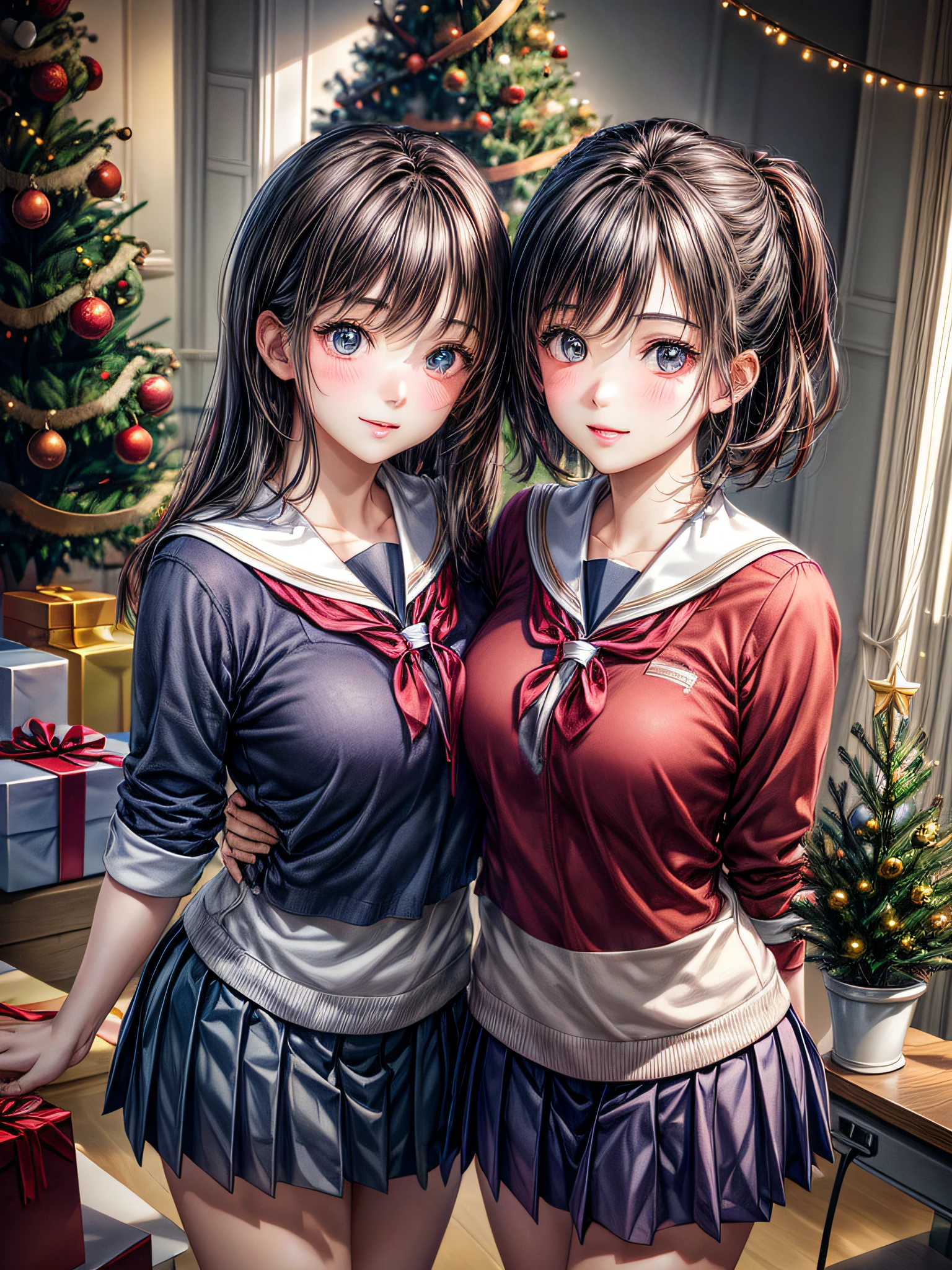 (2girls:1.4), Extremely cute, amazing face and eyes beautiful nice smile), (extremely detailed beautiful face), bright and shiny lips, (School uniform, Pleated skirt:1.3), (Best Quality:1.4), (hyper quality), (Ultra-detailed), (Hyper-realistic, Photorealsitic:1.37), Authentic skin texture, intricate-detail, extremely detailed CG unified 8k wallpaper, RAW Photos, professional photograpy, Cinematic lighting, Exposing, Christmas tree, Christmas Ornaments, Christmas Decorations, Christmas Lights, Christmas Lights,