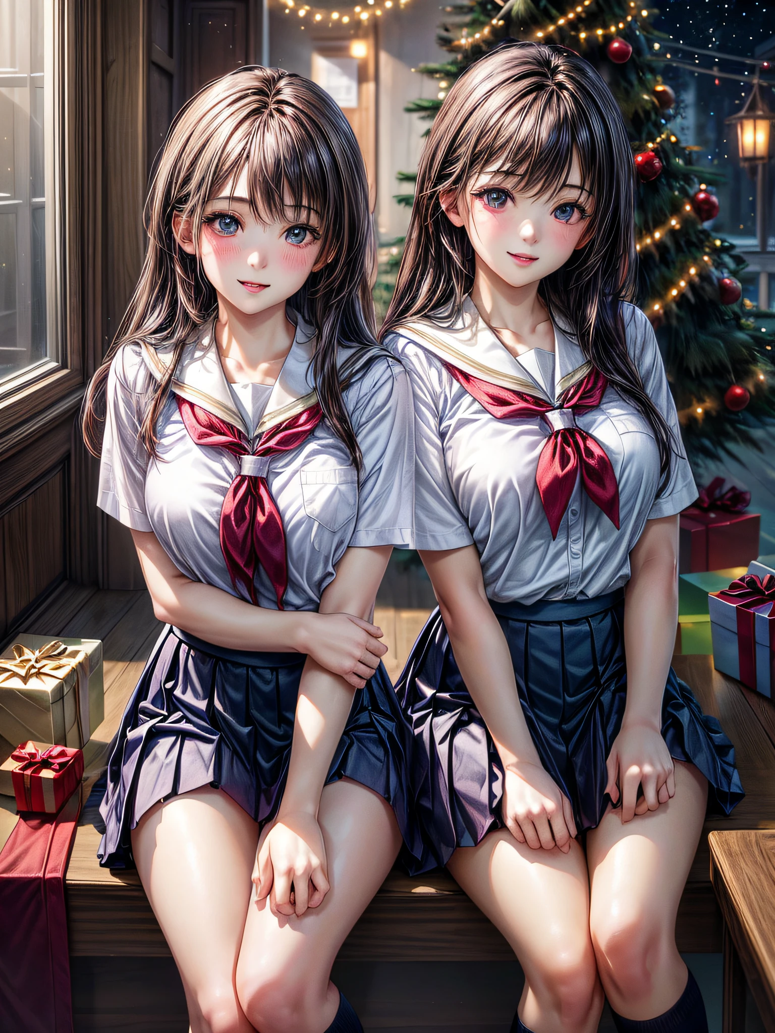 (2girls:1.4), Extremely cute, amazing face and eyes beautiful nice smile), (extremely detailed beautiful face), bright and shiny lips, (School uniform, Pleated skirt:1.3), (Best Quality:1.4), (hyper quality), (Ultra-detailed), (Hyper-realistic, Photorealsitic:1.37), Authentic skin texture, intricate-detail, extremely detailed CG unified 8k wallpaper, RAW Photos, professional photograpy, Cinematic lighting, Exposing, Christmas tree, Christmas Ornaments, Christmas Decorations, Christmas Lights, Christmas Lights,