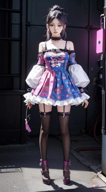 masutepiece, Best Quality, full body Esbian, 1girll, view the viewer, Confident girl，The expression is a little stylish, Popular Harajuku-style costumes, Bold colors and patterns, Eye-catching accessories, Trendy and innovative hairstyles, Bright makeup, Futuristic and dazzling cyberpunk cityscape, skyscraper, neon signs, led lights, Bright and vivid color scheme, anime big breast, Illustration, Detailed skin texture, Detailed Cloth Texture,  beautifull detailed face, Intricate details, ultra-detailliert.
