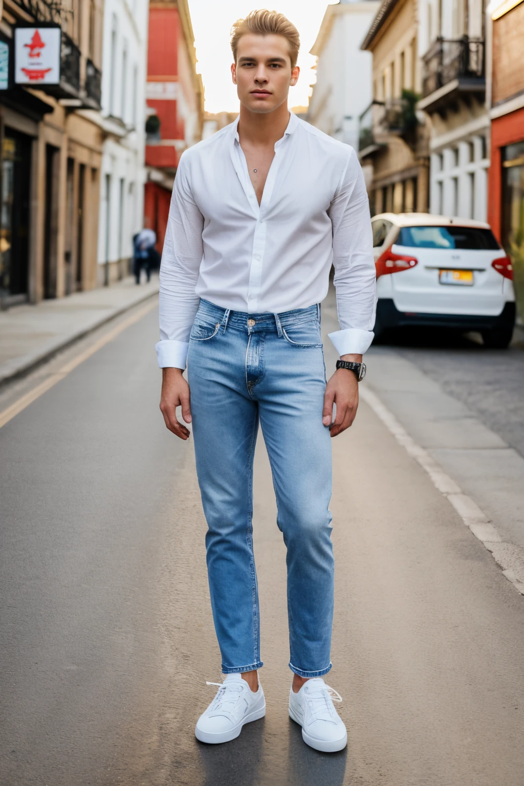 still photo of a men with white blouse and blue jeans standing on the street, very realistic photo, 4k, high detailed face, brown sneakers