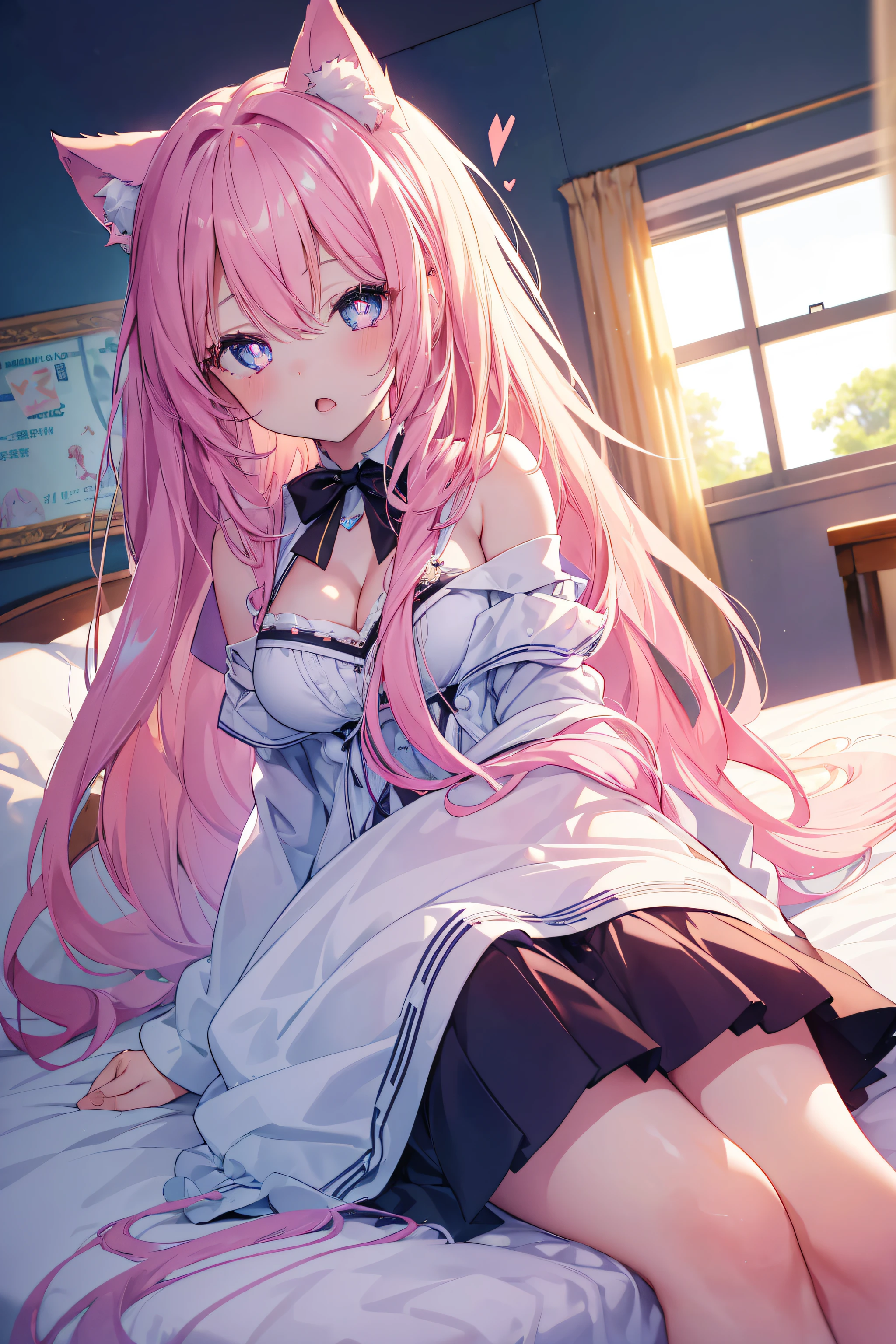 (masutepiece,Best Quality,Ultra-detailed),1girl in,White and pink hair,beautiful and detailed face, Detailed eyes,beret,pink sailor suit,Pink skirt,Looking at Viewer,Blushing, embarrassed, nervous smile,(Grey and pink theme), Night,starryskybackground,((I can see panties)),(an lingerie),opens legs,Sitting on the bed
