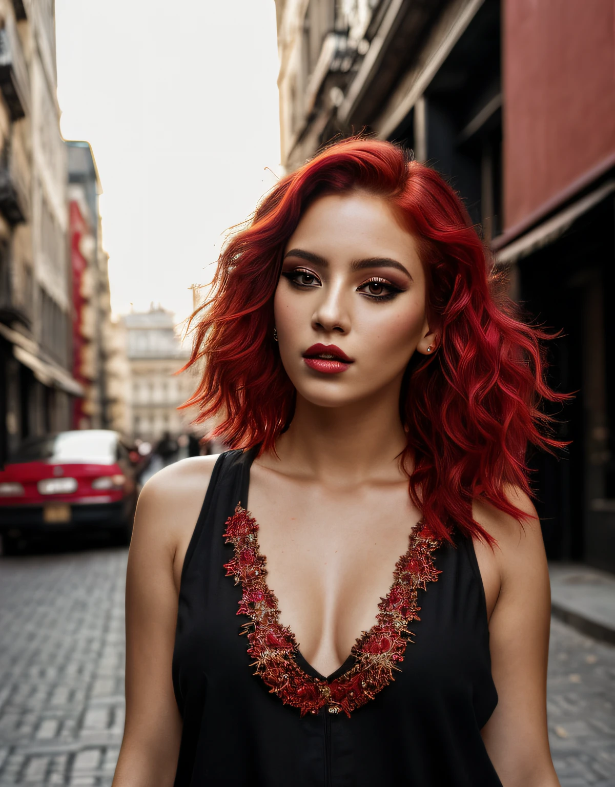 beautiful girl, full body portrait, short bright red disheveled hair, black eyeshadow, (street style wear:1.2), (city background:1.2), dark makeup, digital art, trending on artstation, highly detailed, fine detail, intricate,  beautiful detailed glow, detailed, Cinematic light, highres, detailed facial features,sharp focus, smooth, aesthetic,