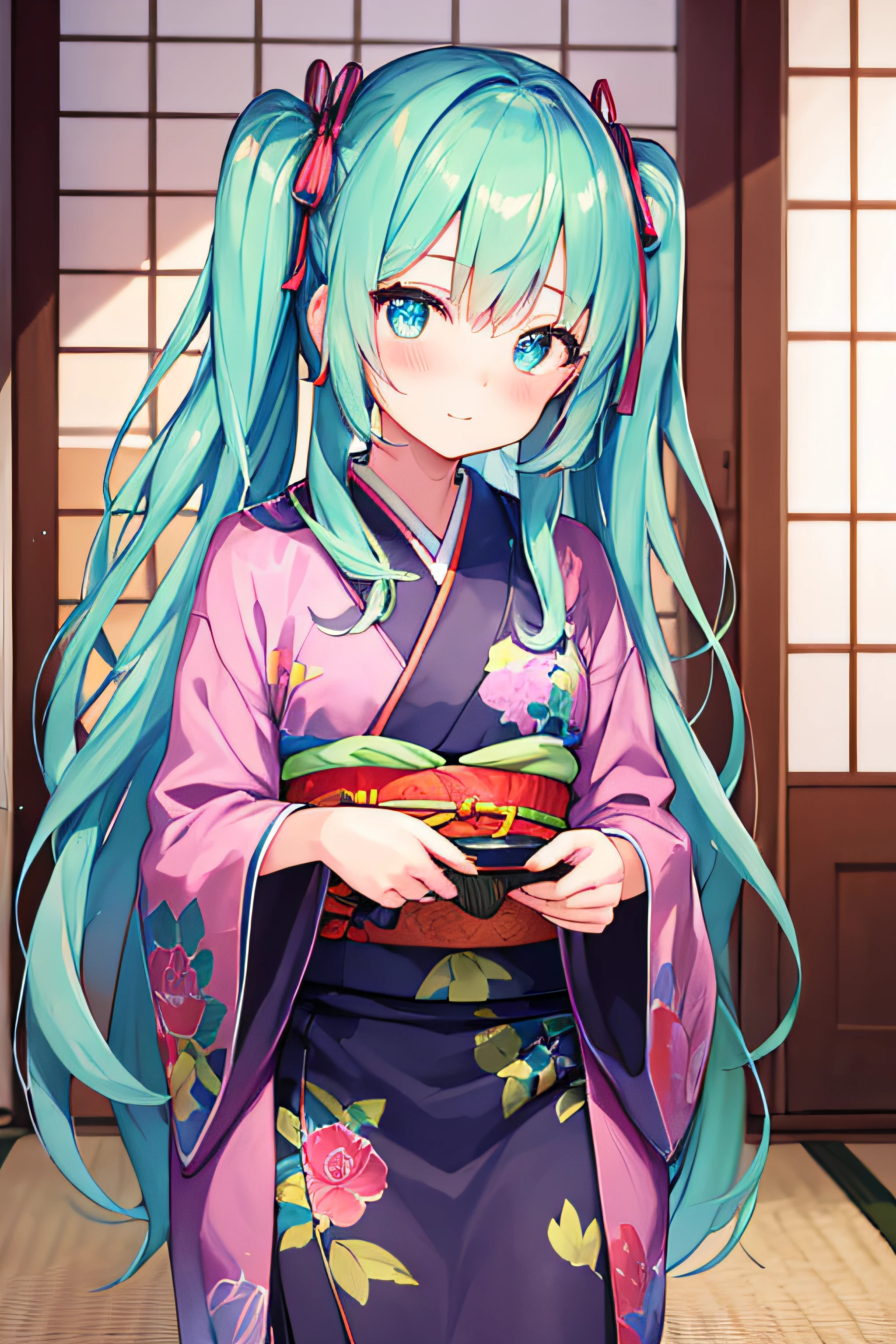 masterpiece、Top image quality、超A high resolution、miku hatsune、blue hairs、Twin-tailed、Blushing、Cute and shy、Kimono、kyoto、Japan、Night