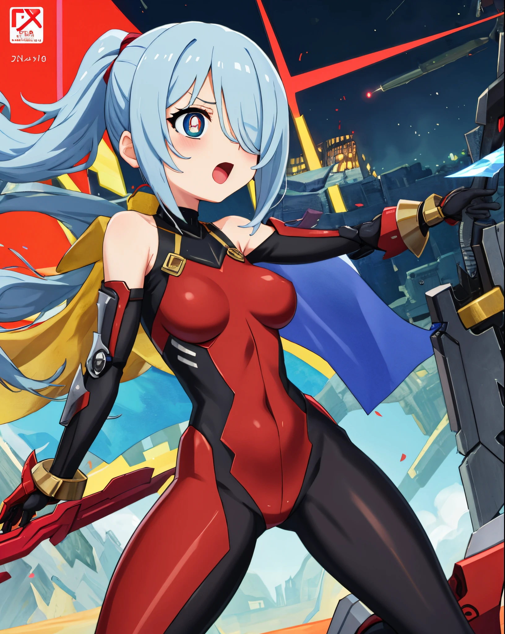 Japanese_anime_style,1figure_size_girl,(loli:1.3), (short_straight_ponytail:1.3), (light_blue_hair:1.3),black_mechanical_armor_parts,red_white_parts_black_body_suit,bare_shoulder,bare_thighs,medium_breasts,in_city_background,Stinging_eyes,(half_pupil:1.5),sleepy,thighhigh_greaves,gauntlets,dynamic_posing,bare_frank,metal_red_parts_black_armor,red_eye,
fists,1crystal_sword,hold_sword_hilt,glare,navel,large_mechanical_parts,happy,waist_armor,open_mouth,rise_legs,apart_legs, (very_long_bangs:1.3), (hair_over_one_eye:1.5),(long_bang_covers_right_half_of_face:1.5),
covered_pussy,