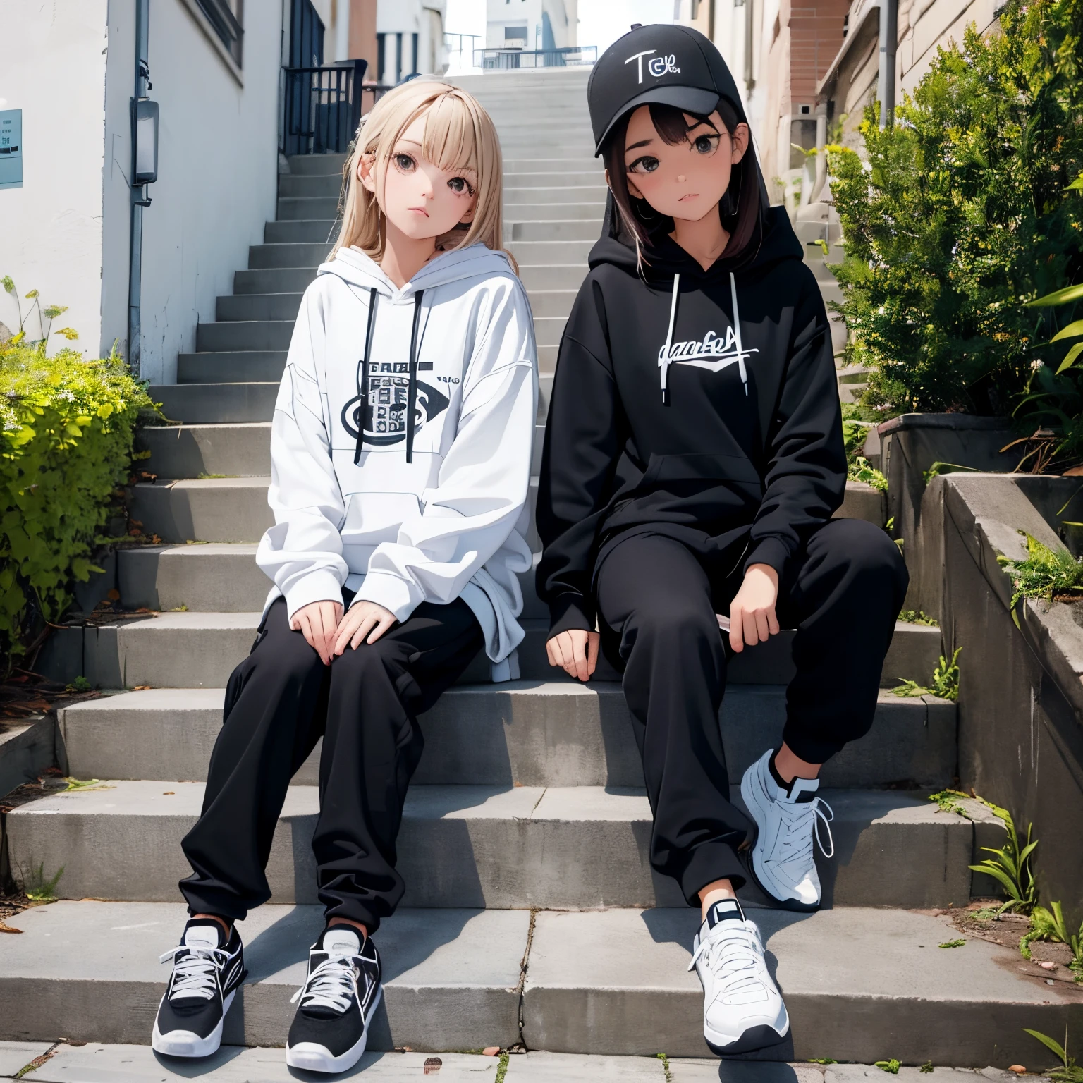 Two cute and beautiful girls, hoodie, trousers, sneakers, black, decent, sit, stairs,