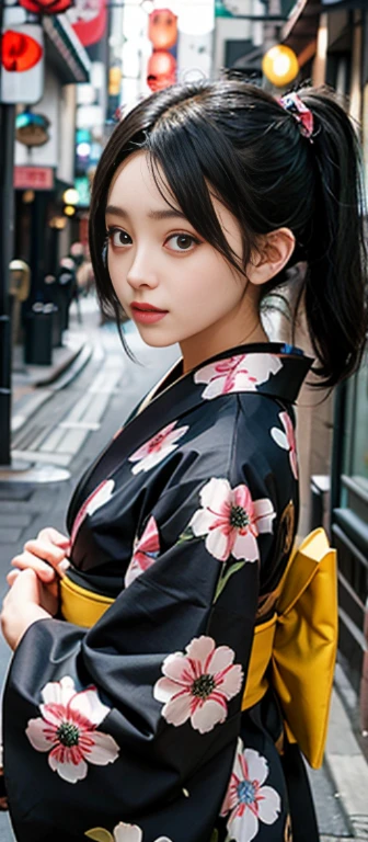 girl with, black pigtails, Kimono, Vibrant colors, Japan style, city