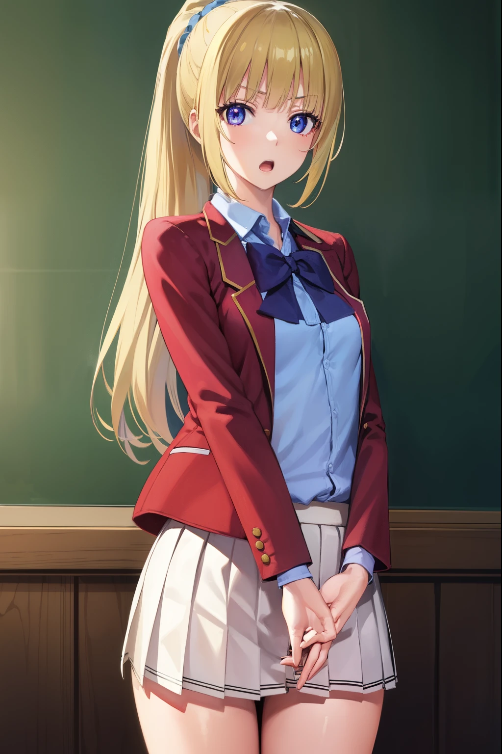 keikaruizawa, kei karuizawa, long hair, bangs, blunt bangs, (purple eyes:1.1), blonde hair, shirt, hair ornament, ponytail, scrunchie, blue scrunchie, (small breast:1.2), open mouth,
BREAK skirt, shirt, bow, school uniform, jacket, (red jacket:1.2), pleated skirt, bowtie, sweater, (blue bow:1.2), (blue shirt:1.2),
BREAK indoors, classroom,
BREAK looking at viewer, (cowboy shot:1.5),
BREAK (masterpiece:1.2), best quality, high resolution, unity 8k wallpaper, (illustration:0.8), (beautiful detailed eyes:1.6), extremely detailed face, perfect lighting, extremely detailed CG, (perfect hands, perfect anatomy),