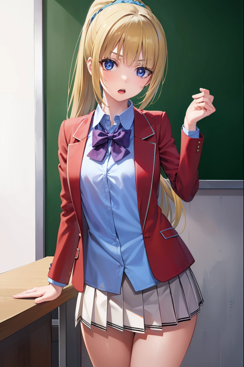 keikaruizawa, kei karuizawa, long hair, bangs, blunt bangs, (purple eyes:1.1), blonde hair, shirt, hair ornament, ponytail, scrunchie, blue scrunchie, (small breast:1.2), open mouth,
BREAK skirt, shirt, bow, school uniform, jacket, (red jacket:1.2), pleated skirt, bowtie, sweater, (blue bow:1.2), (blue shirt:1.2),
BREAK indoors, classroom,
BREAK looking at viewer, (cowboy shot:1.5),
BREAK (masterpiece:1.2), best quality, high resolution, unity 8k wallpaper, (illustration:0.8), (beautiful detailed eyes:1.6), extremely detailed face, perfect lighting, extremely detailed CG, (perfect hands, perfect anatomy),