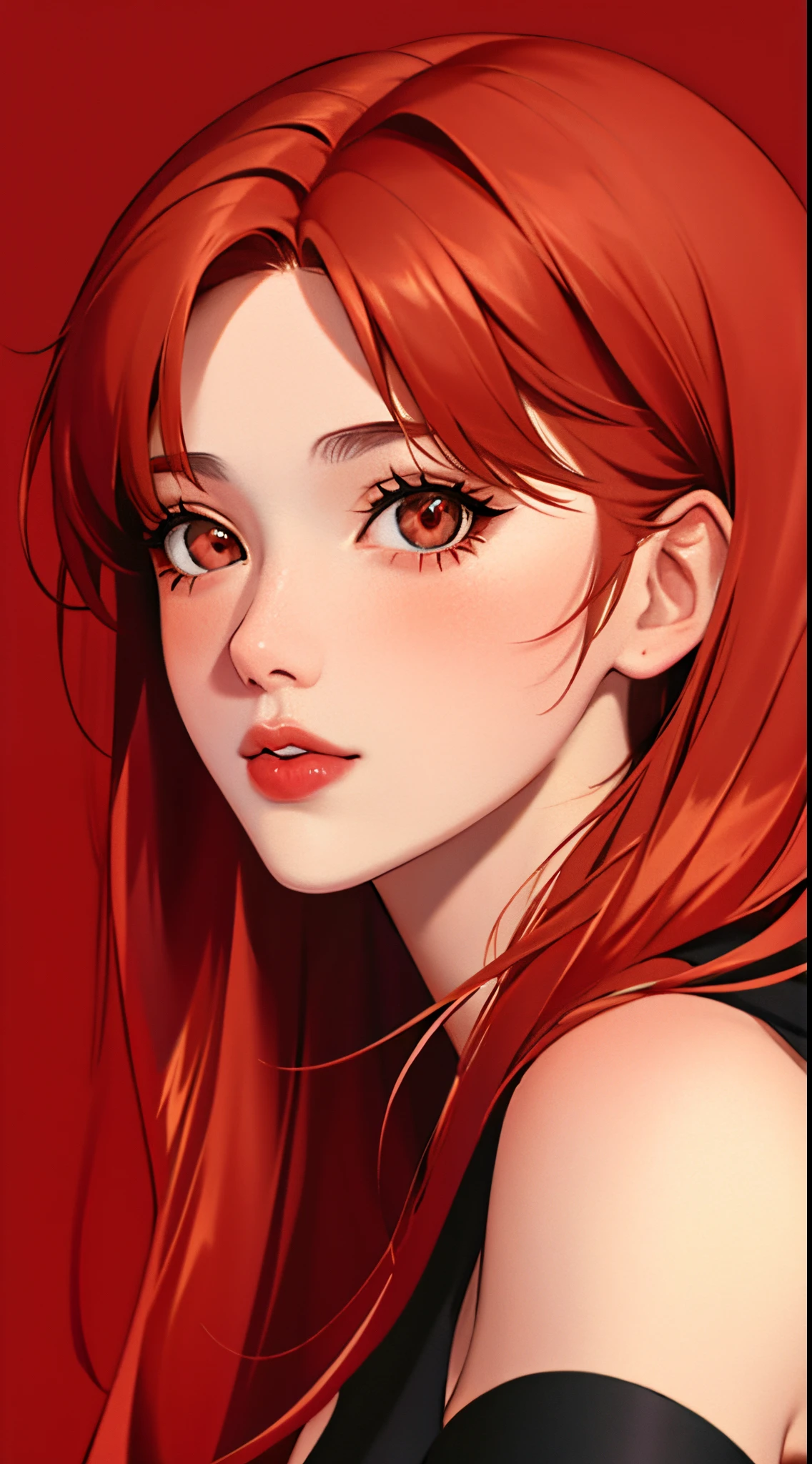 1girl, solo,red theme,looking at viewer,large breasts,portrait,from side,bad-girl,((mature female))