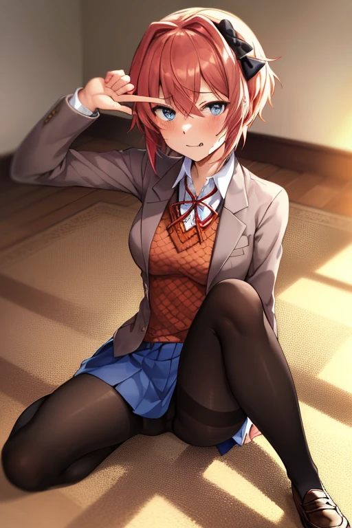 2d, masterpiece, ((sitting on floor)), hands behing head, living room, floor, best quality, ((full body)), full pose, anime, highly detailed, cowboy shot, 1girl, solo, sayori, blue eyes, pink hair, hair bow, short hair, ((red hair bow)), medium breast, school uniform, blazer, brown sweater, collared shirt, neck ribbon, blue skirt ((brown loafers)), slim body, slim legs, ((horny face)), ((spread legs)), blushing, red face, ((black pantyhose)),((point of view down)),((point of view from floor))