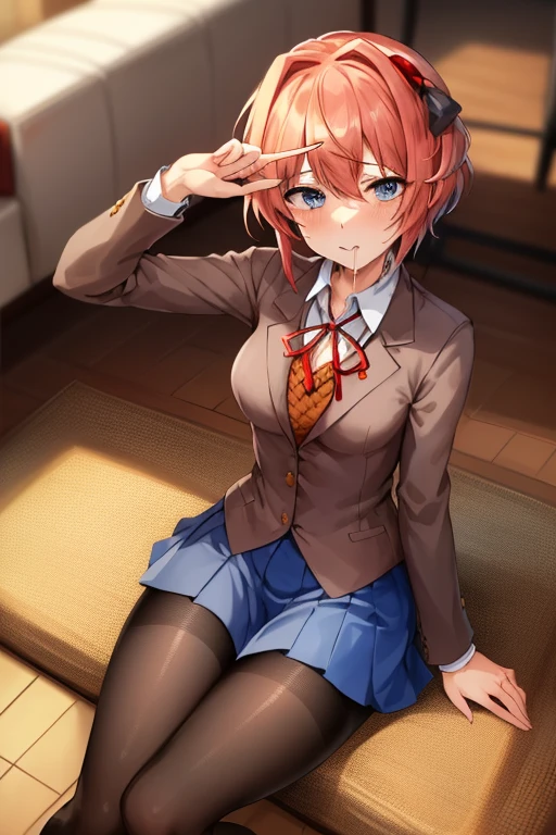 2d, masterpiece, ((sitting on floor)), hands behing head, living room, floor, best quality, ((full body)), full pose, anime, highly detailed, cowboy shot, 1girl, solo, sayori, blue eyes, pink hair, hair bow, short hair, ((red hair bow)), medium breast, school uniform, blazer, brown sweater, collared shirt, neck ribbon, blue skirt ((brown loafers)), slim body, slim legs, ((horny face)), ((spread legs)), blushing, red face, ((black pantyhose)),((point of view down)),((point of view from floor))