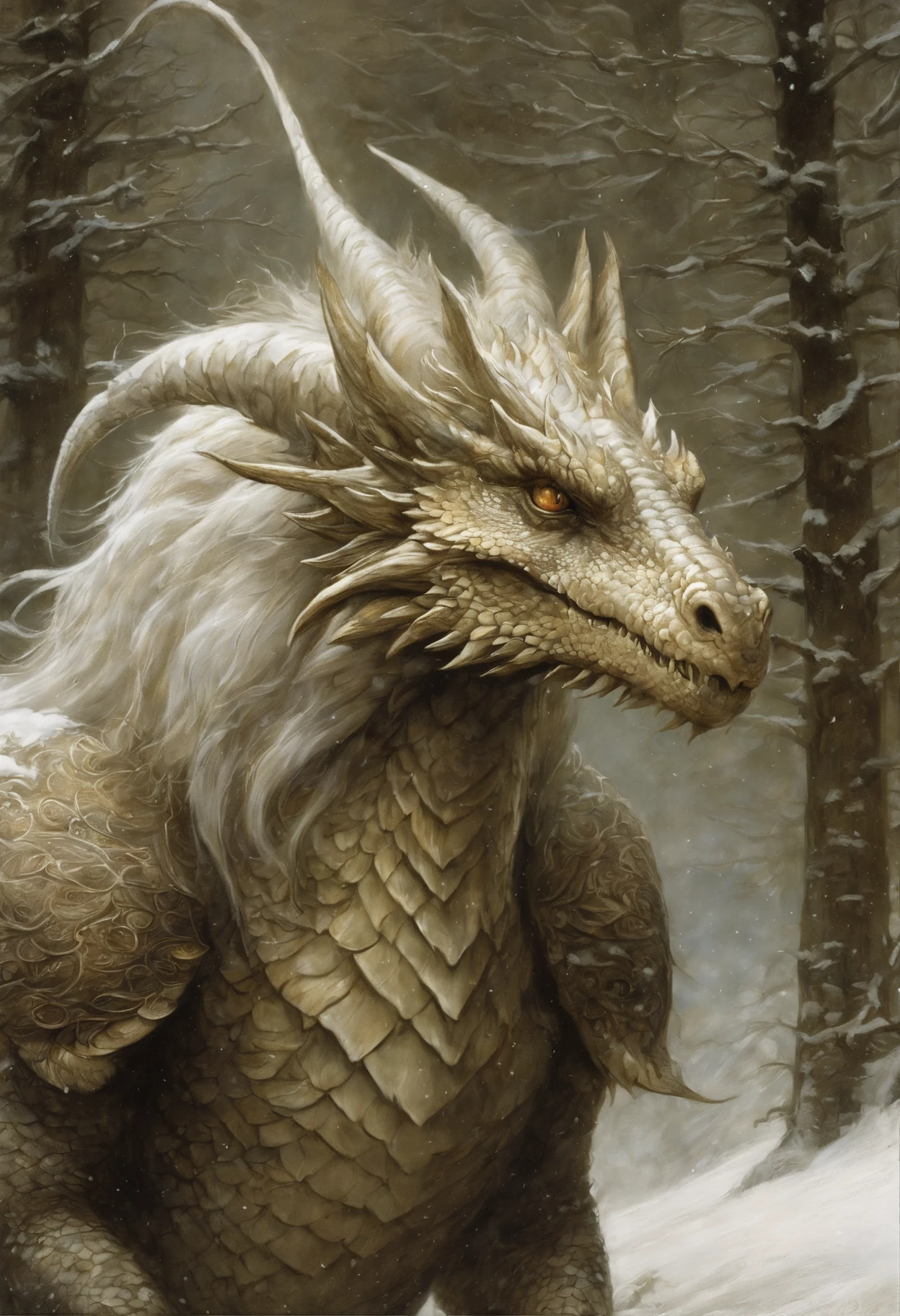 真实感, dark fantasy style, John Tolkien style, Small painting by Jean-Baptiste Monge,Santa Claus riding a dragon, the dragon hugs the tree with its tail, winter, Snow is falling, huge christmas tree, a huge white dragon hugs a Christmas tree, large white dragon with golden crest, anatomically correctly drawn body, Looks like an ancient dragon, The city, megalopolis, city trail, Big Christmas tree, glass skyscraper, Jean-Baptiste Monge, anthropomorphic --ar 2:3 --testp -optimistic;