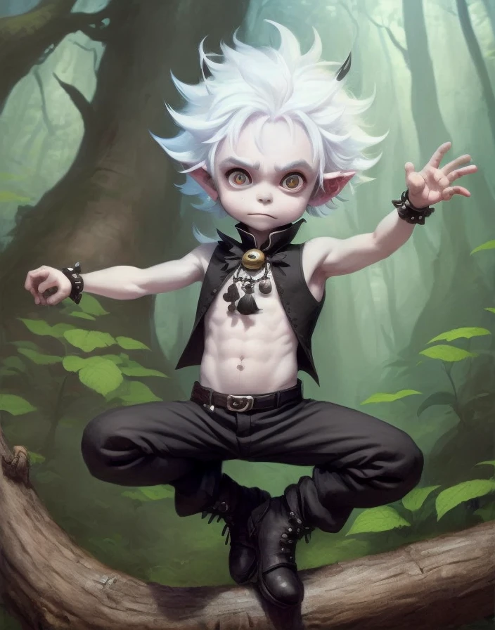 a small male imp with white hair, antennae, monkey tail, black vest with bells, cheeky expression, crazy hair, childlike, black pants and boots, fantasy forest in background, big eyes