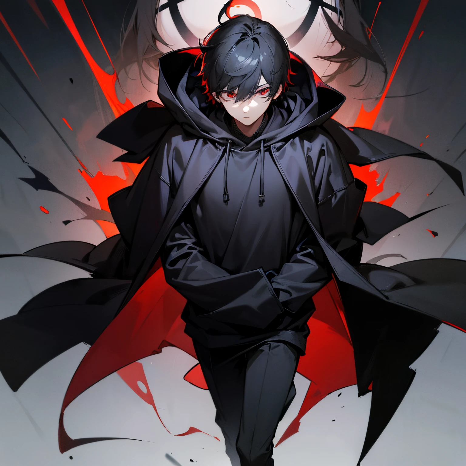 Man, man, tall, handsome, cool, beautiful, expressionless face, oversized hoodie, black clothes, black hoodie, black hair, black eyes, black shadow monster with red eyes behind the man