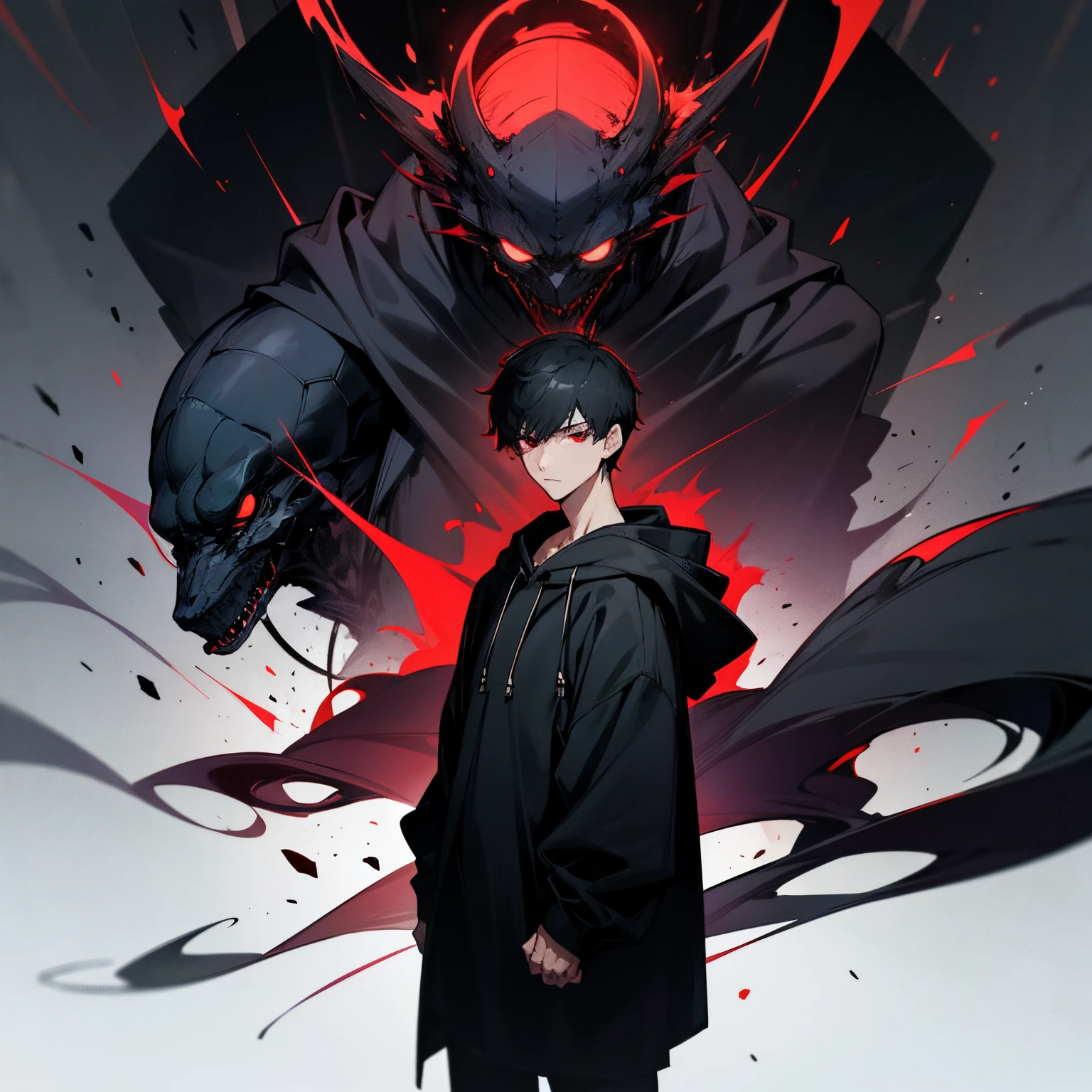 Man, man, tall, handsome, cool, beautiful, expressionless face, oversized hoodie, black clothes, black hoodie, black hair, black eyes, black shadow monster with red eyes behind the man