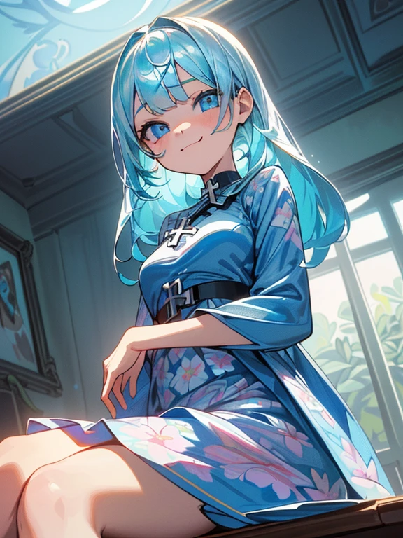 ((masterpiece、top-quality:1.5、a high chroma:1.5、ultra-detailliert、high-resolution illustrations:1.5、Ultra-high-definition CG、8k size wallpaper、offcial art))、,(highly colorful:1.5),(from below:1.5),(1girl),(:1.5)、(Shining blue eyes:1.5),(Beautiful face:1.5,Beautiful eyes:1.5)、(close to viewer:1.5),((sit on the desk、 cross your legs:1.5)),
(forced smile:1.3)、(sexy body),(colourful Floral dress:1.5), (Beautiful colourful Floral dress in every detail),(high heel boots),(medium breasts:1.5),,(Shining blue eyes:1.8)、(cowboy shot:1.5)、(), ,,colourfull、