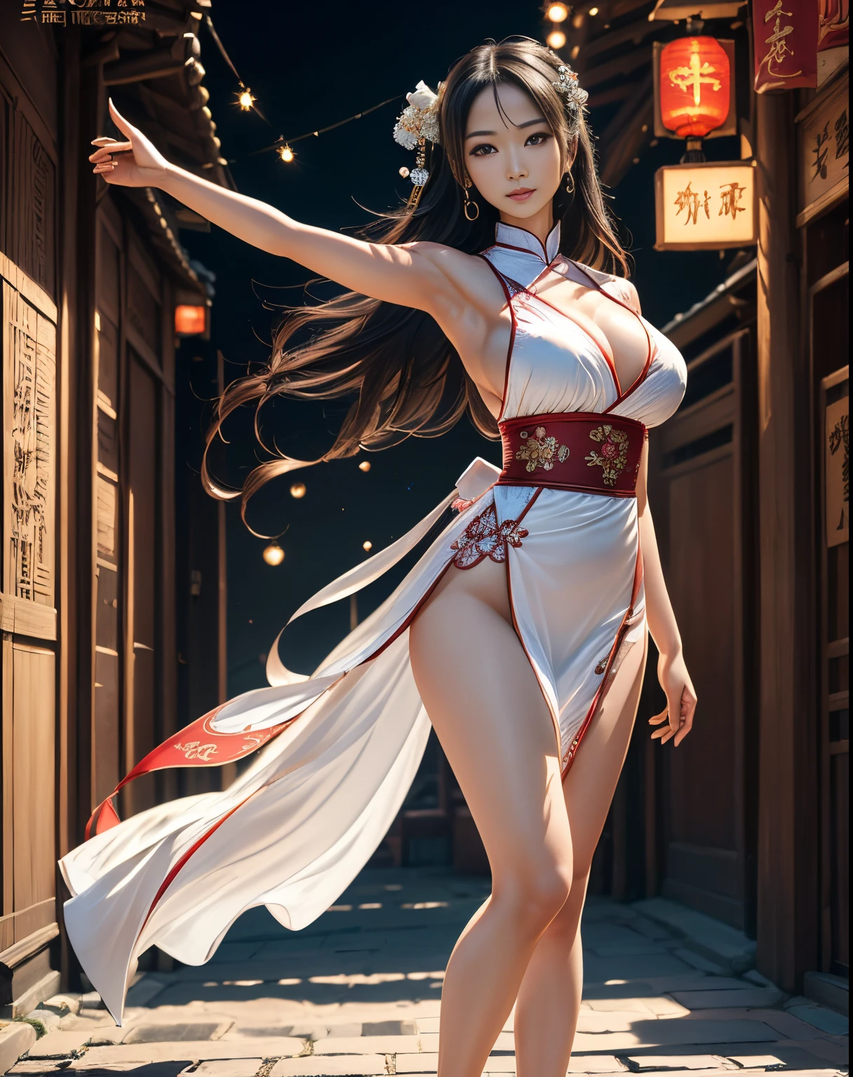 (masterpiece, best quality, beautiful modelshoot:1.4) of a stunning 25yo chinese 1girl, (full body view:1.6), (seductive pose:1.2), breasts:1.2, (armpits focus:1.5), solo:1.5, navel, long black hair, sidebangs, bare shoulders, (perfect face, perfect eyes, insanely beautiful face, perfect hands, beautiful fingers:1.5), (happy smile:1.2), hanfu, (looking at viewer:1.6), busy street background, colorful, highly detailed, ultra realistic, deep field of depth, (sharp focus:1.6), insanely intricate, 8k, tachi-e, (white background:1.4), full body milf