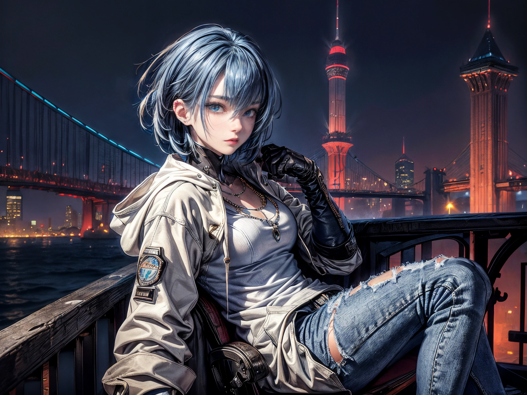 Cinematic lighting、16k picture quality、highlydetailed skin,(1girl in, Solo:1.2)、Best Quality,cyberpunked,(1beautiful woman、Detailed beautiful facial features hair、Blue hair、Medium Hair、short-hair、blue eyess:1.3)Rosary Necklace、BREAK、white down jacket with hood、 hands in the pocket、Knitted tops., shiny stylish leather gloves、denim distressed jeans, Watches、deep in the night、City lights（A port where you can see a big bridge、sit in a cyber chair、highly detailed structure）