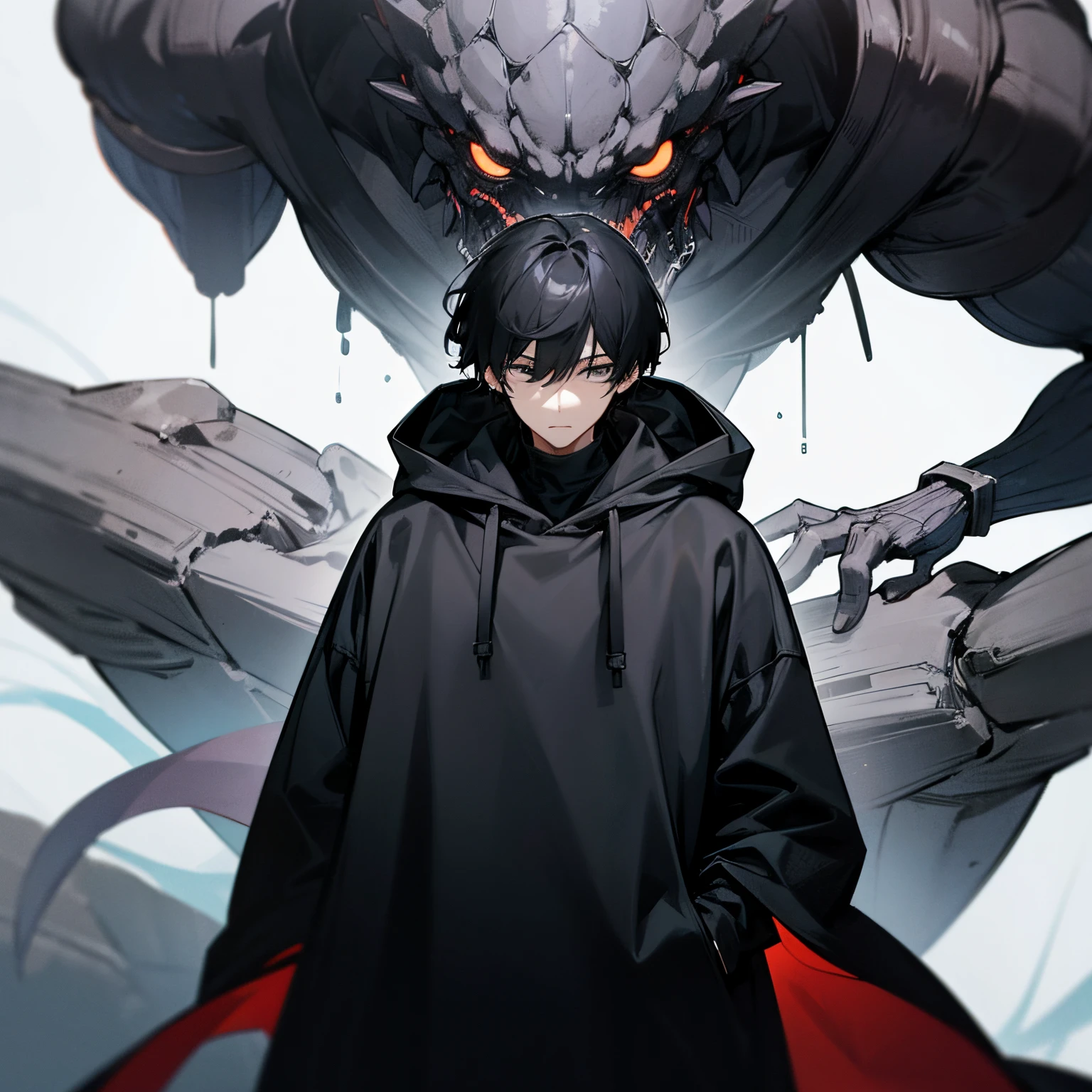 Man, tall, handsome, cool, beautiful, expressionless face, oversized hoodie, black clothes, black hoodie, black hair, black eyes, giant monster behind the man