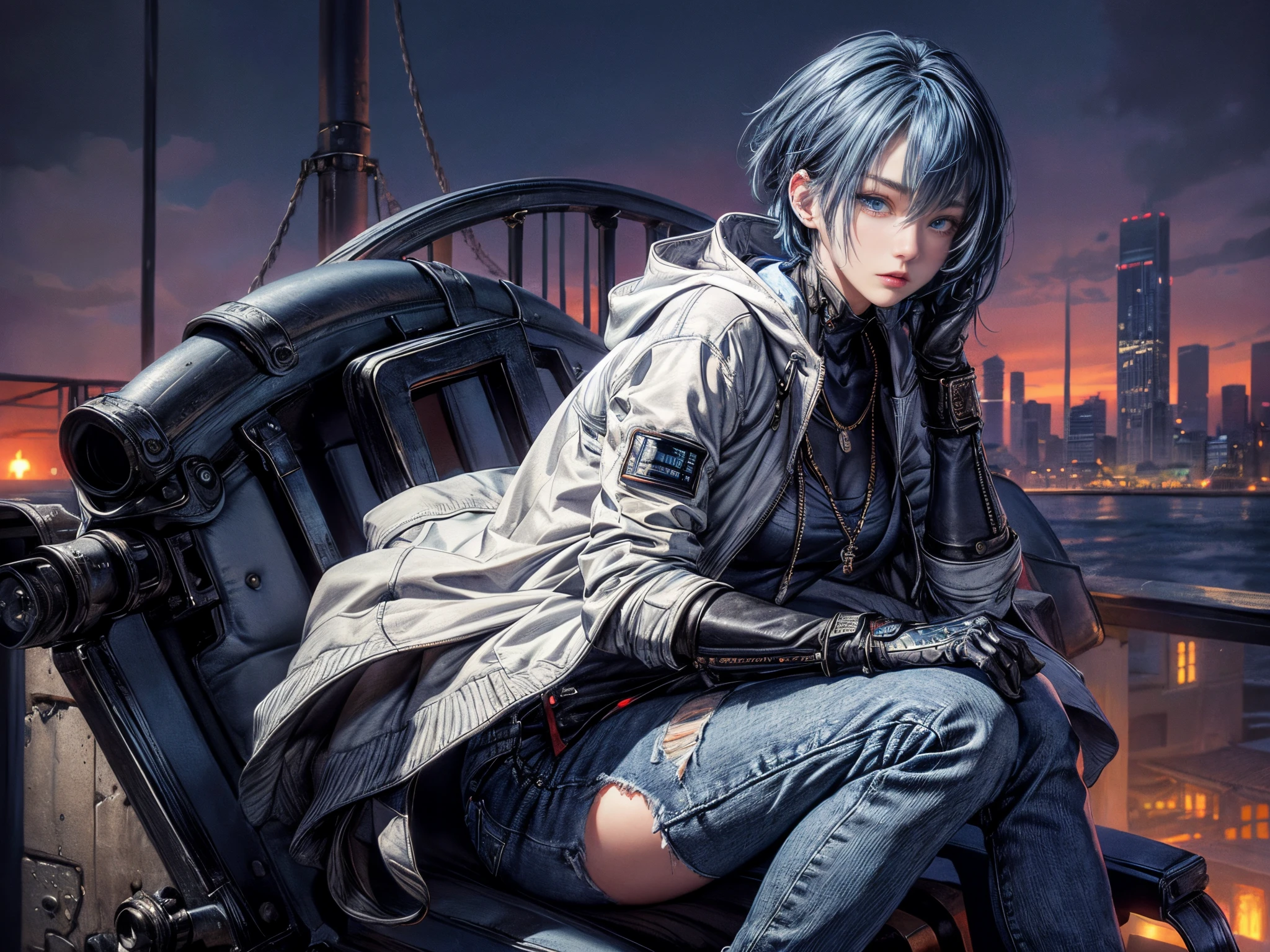 Cinematic lighting、16k picture quality、highlydetailed skin,(1girl in, Solo:1.2)、Best Quality,cyberpunked,(1beautiful woman、Detailed beautiful facial features hair、Blue hair、Medium Hair、short-hair、blue eyess:1.3)Rosary Necklace、BREAK、white down jacket with hood、 hands in the pocket、Knitted tops., shiny stylish leather gloves、denim distressed jeans, Watches、deep in the night、City lights(A port where you can see a big bridge、sit in a cyber chair、highly detailed structure)