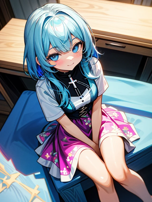1gir,(angel smile)<lora:omeme_momo:0.5><lora:nishiki asumi_hamidashi creative_PONY_last:1>asumi-casual,green eyes,blue hair,hair ribbon,hooded jacket,black chest ribbon,white dress,frilled dress,black footwear,cross-laced footwear
,looking at viewer ,, , , , sit flat on the floor with one's legs bent backwards ,under blanket, bedroom, moon light from the window to the side of the room,(night),window,, apartment , highly detailed eyes,, ,,, , , flat chest,,moody lighting,
<lora:_sdxl-boobheart-pony:0.9>, boobheart, heart hands Press own breast