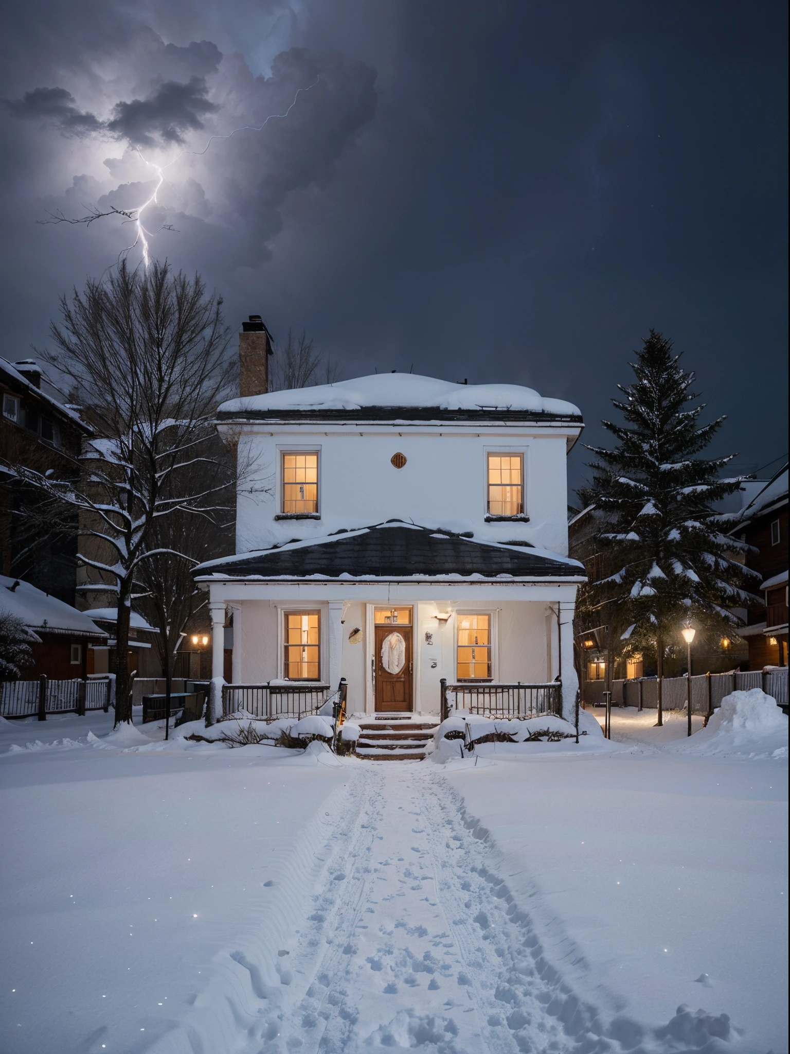 Generate a place where there is a lot snow with cozy lightning. Houses are covered with snow with a lot of decorations around houses